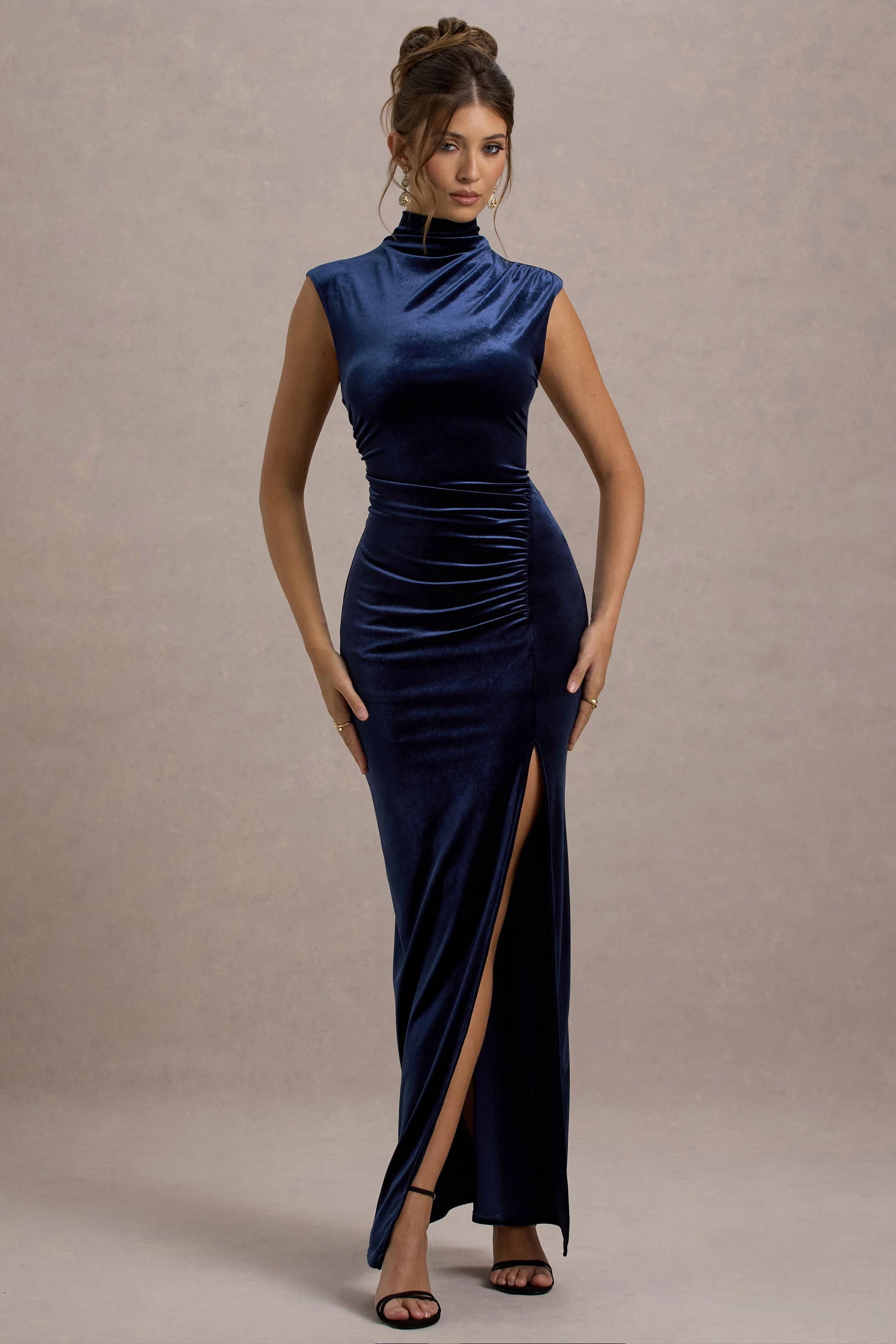 Abilene | Marine Velours Hoge Hals Split Maxi Jurk - Image 5