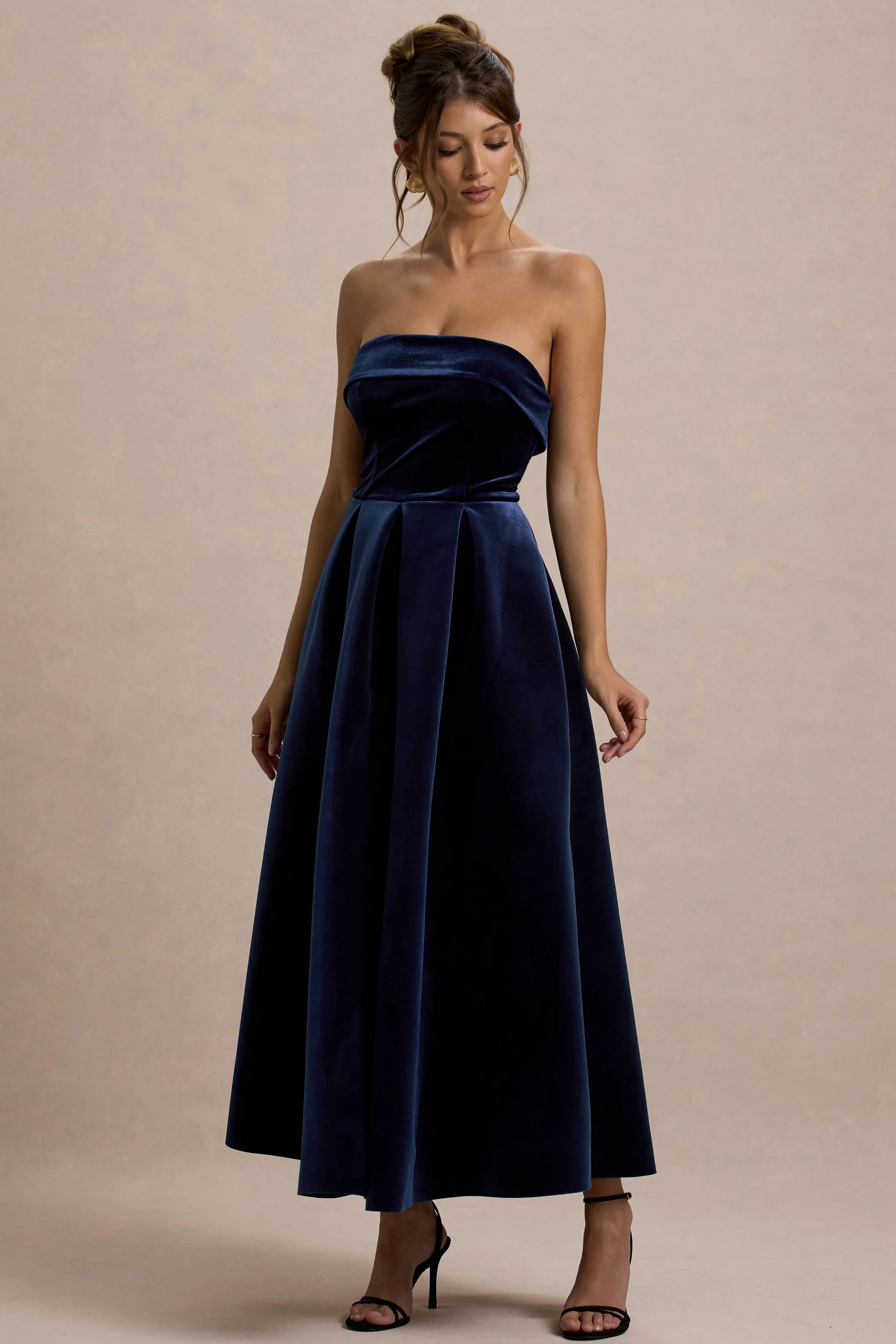 Addina | Marineblauwe Velours Bandeau Skater Midi Jurk