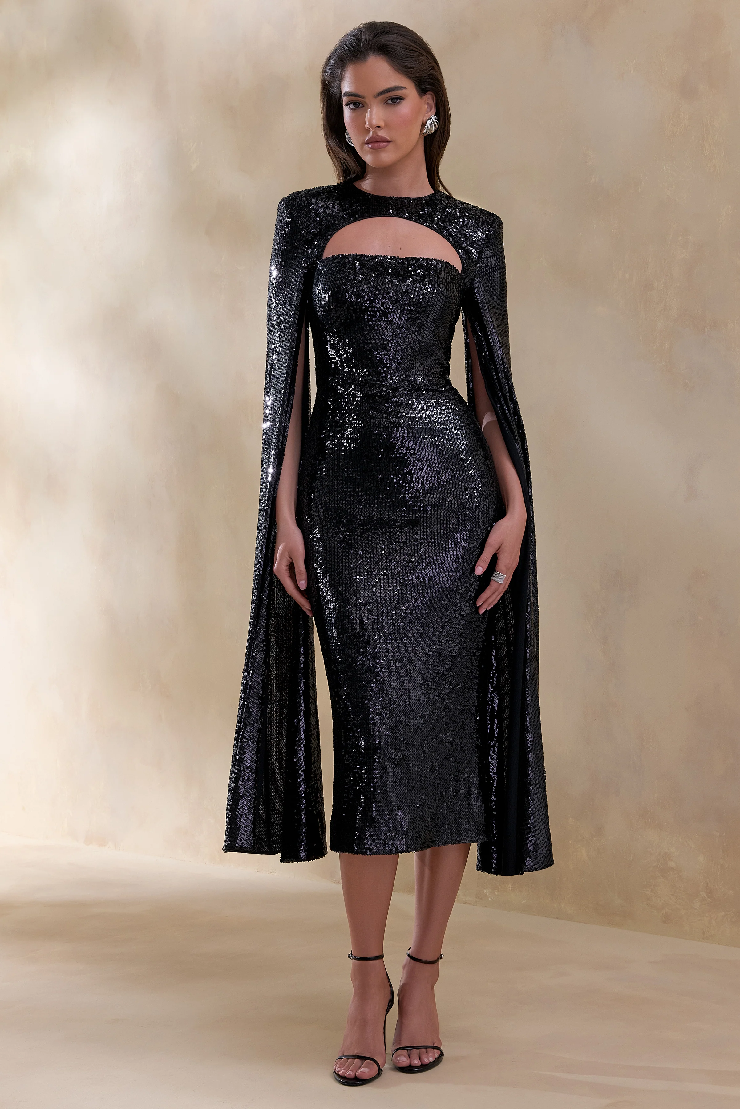 Adeline | Zwart Pailletten Midi Jurk Met Ronde Hals En Cape Mouwen