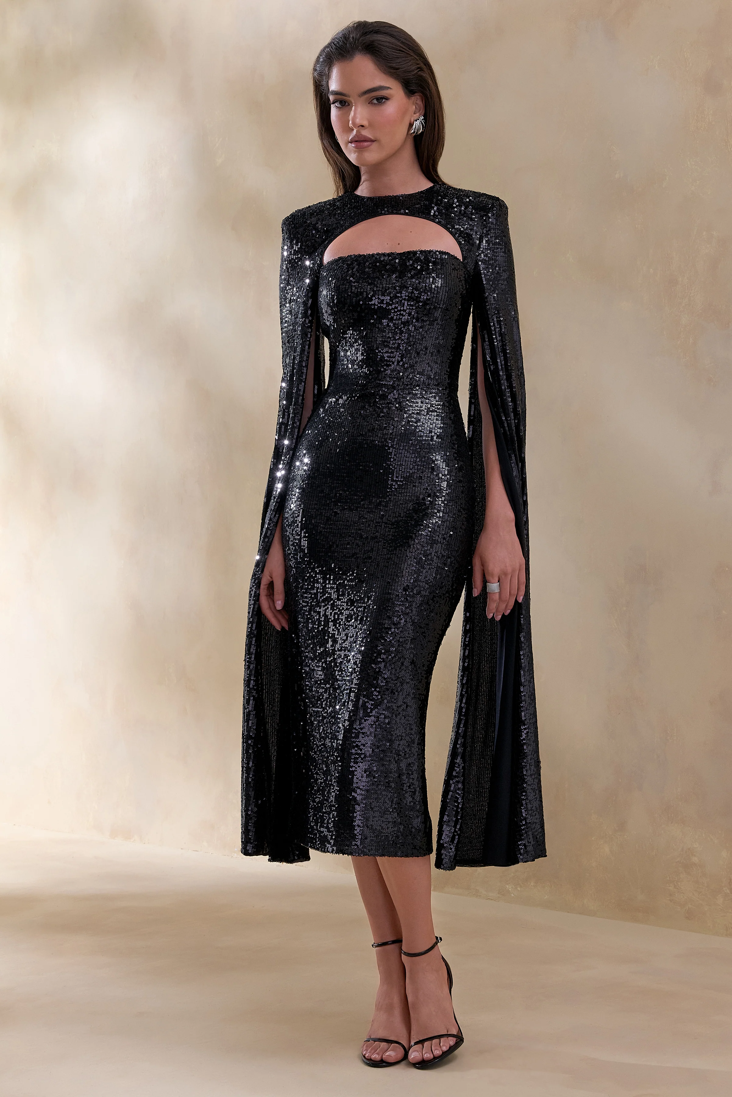 Adeline | Zwart Pailletten Midi Jurk Met Ronde Hals En Cape Mouwen - Image 5