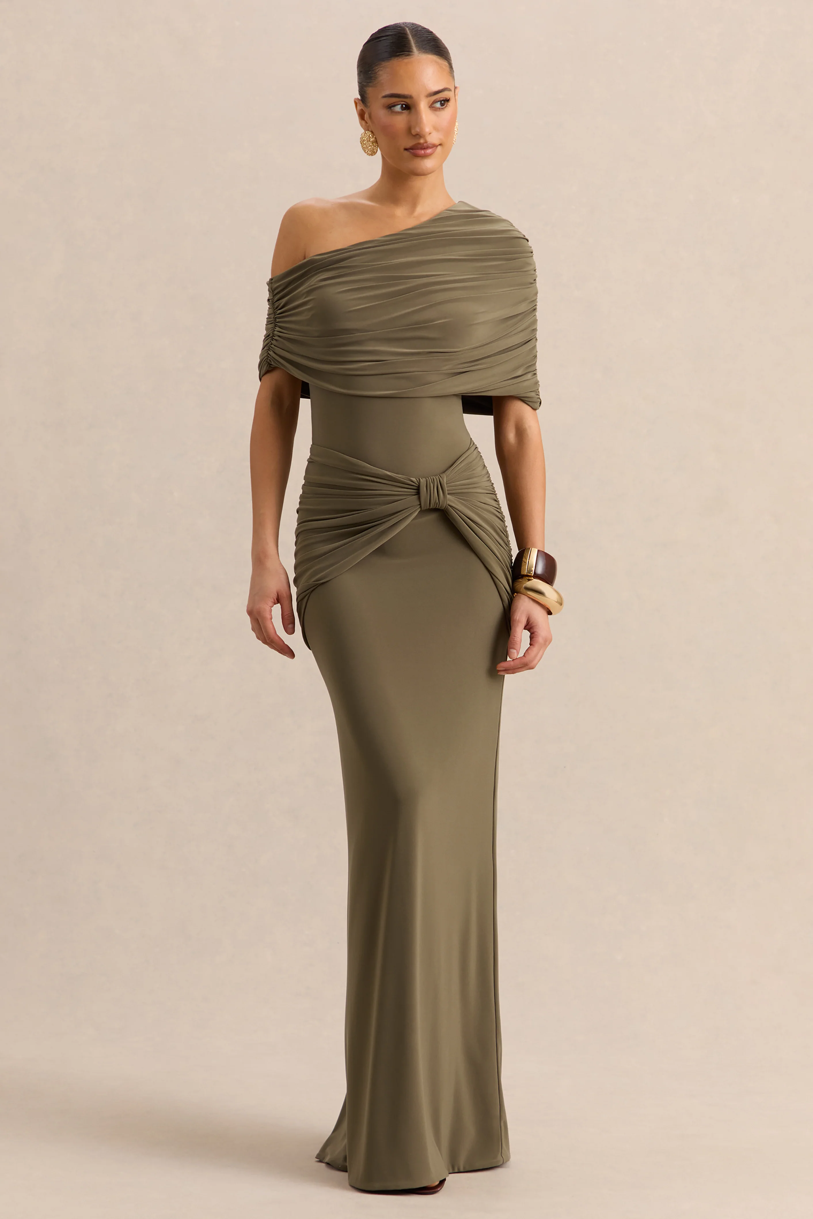 Afiya | Kaki Gedraaide Taille Maxi Rok Met Knoop Detail - Image 2
