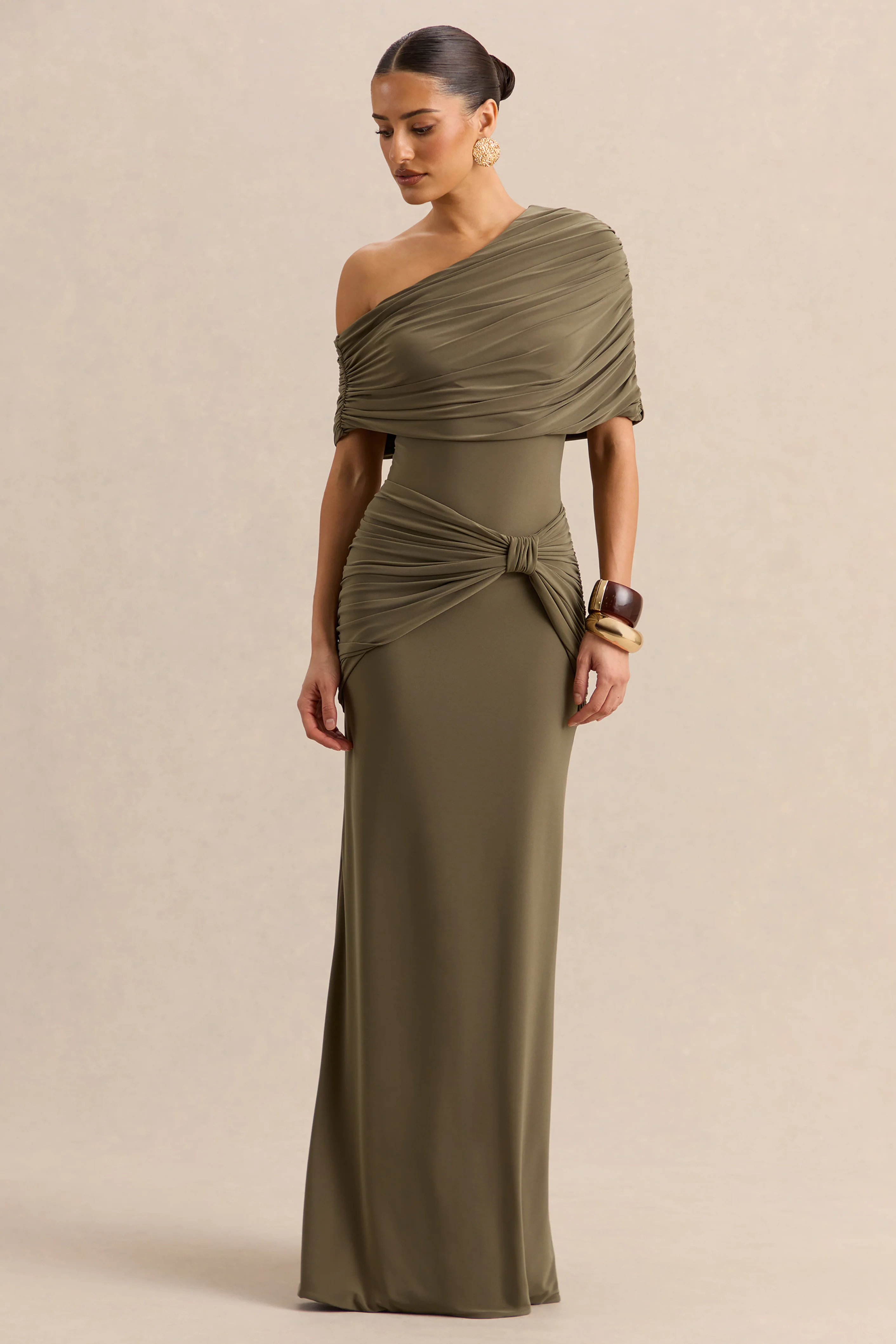 Afiya | Kaki Gedraaide Taille Maxi Rok Met Knoop Detail - Image 4