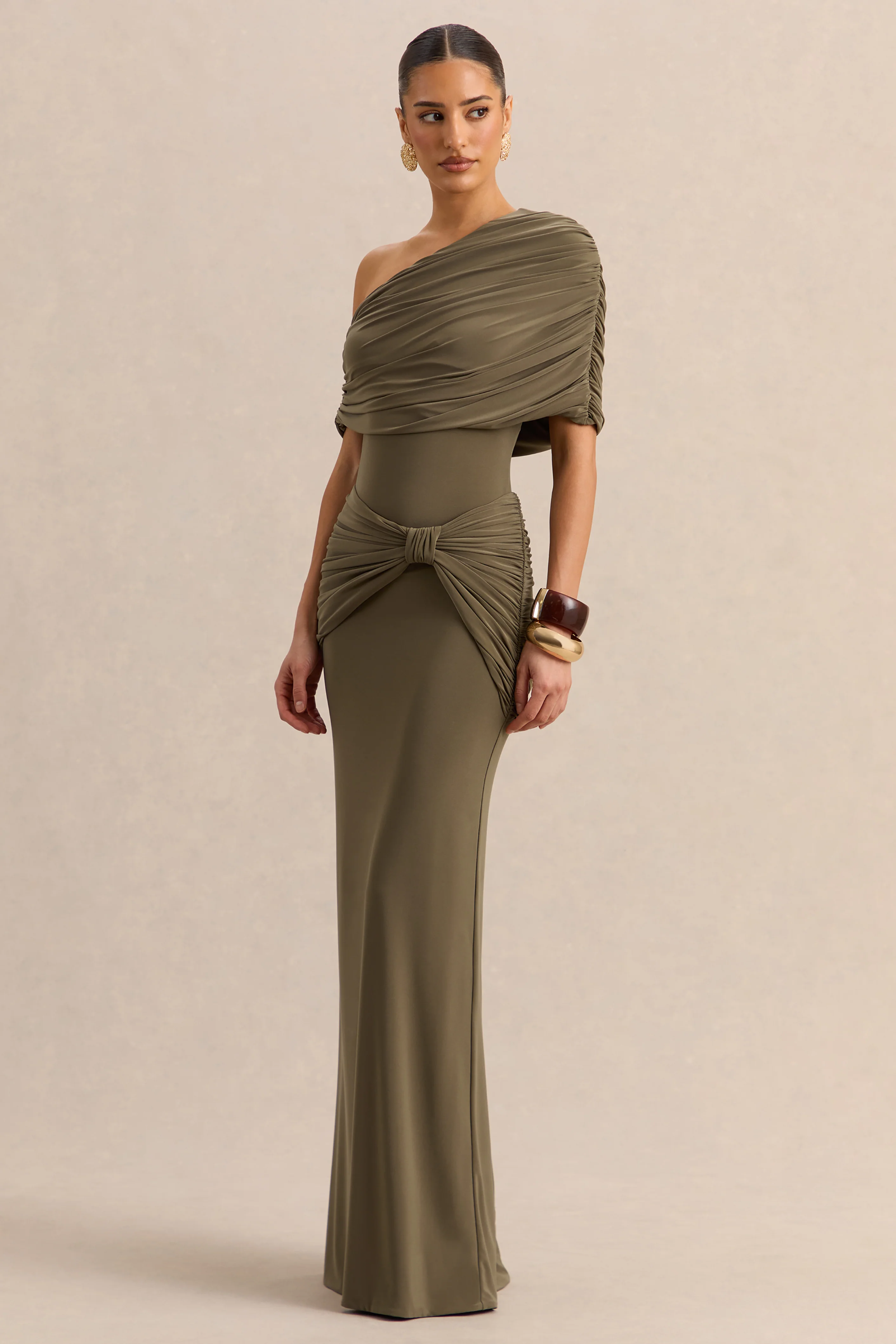 Afiya | Kaki Gedraaide Taille Maxi Rok Met Knoop Detail - Image 5