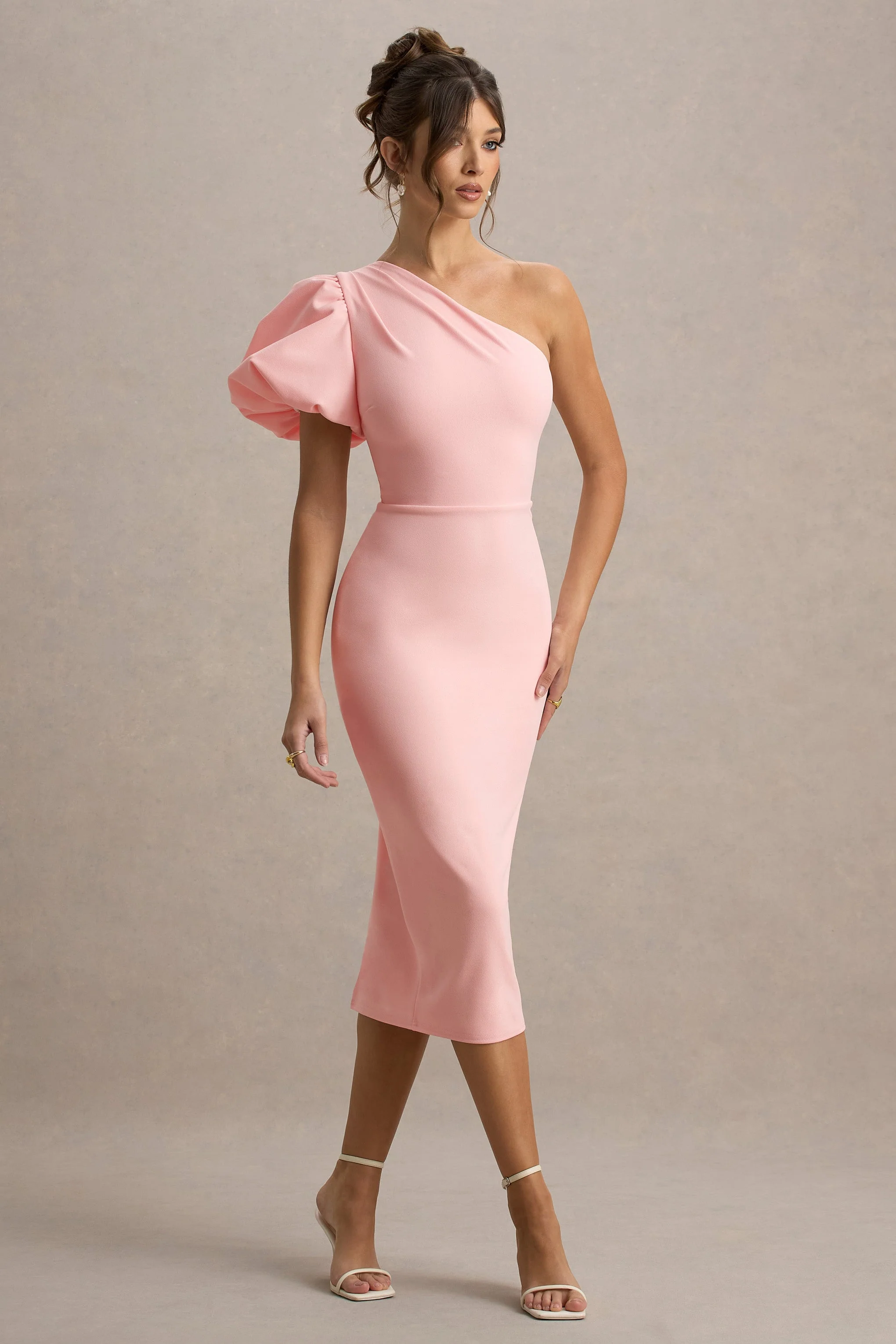 Aimee | Roze Asymmetrische Midi Jurk Met Pofmouw - Image 5