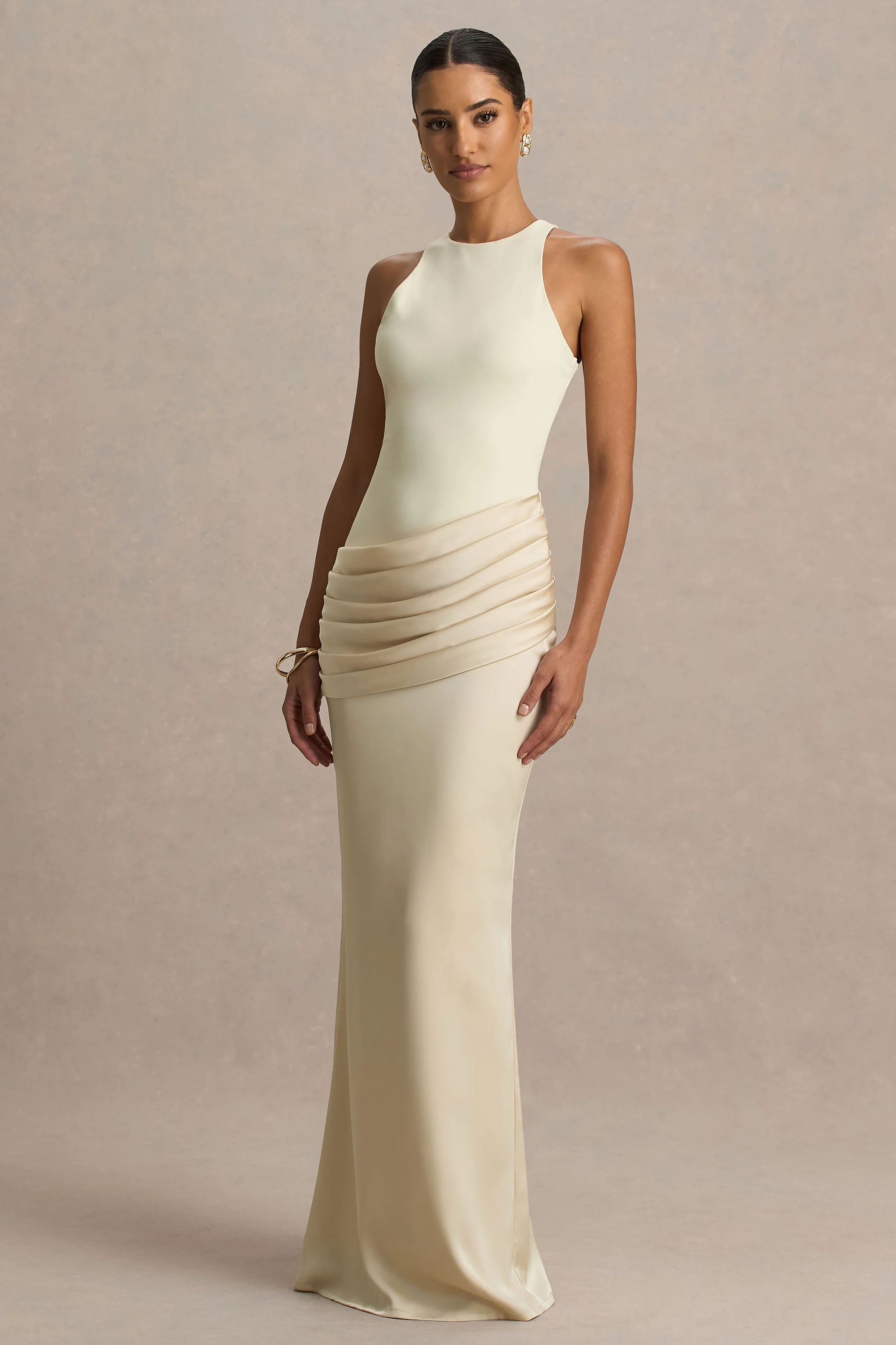 Akari | Champagne Hoge Ronde Hals Maxi Jurk Met Satijnen Rok - Image 4