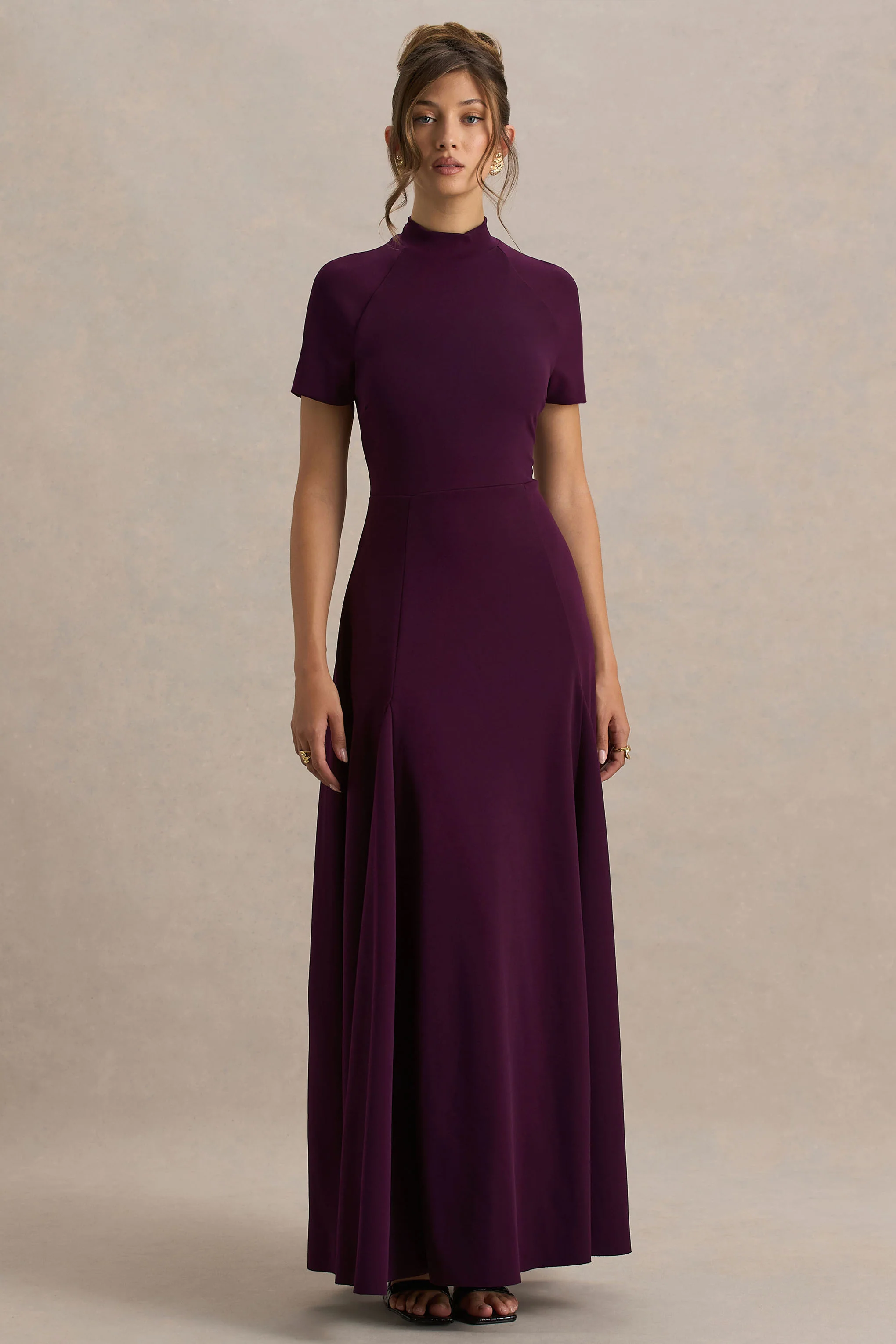 Alea | Bordeaux Hoge Hals Maxi Jurk Met Kort Mouwen