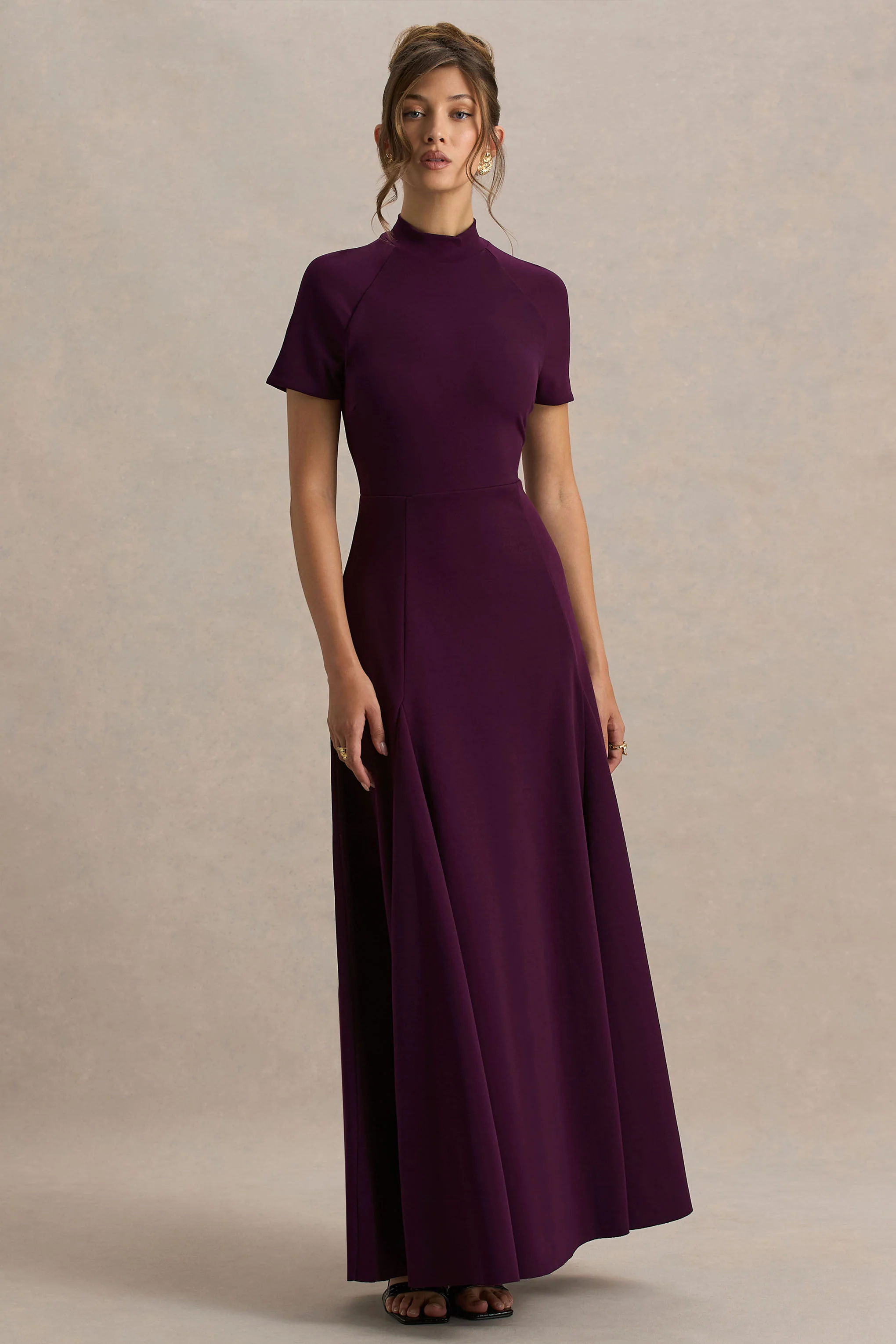 Alea | Bordeaux Hoge Hals Maxi Jurk Met Kort Mouwen - Image 5