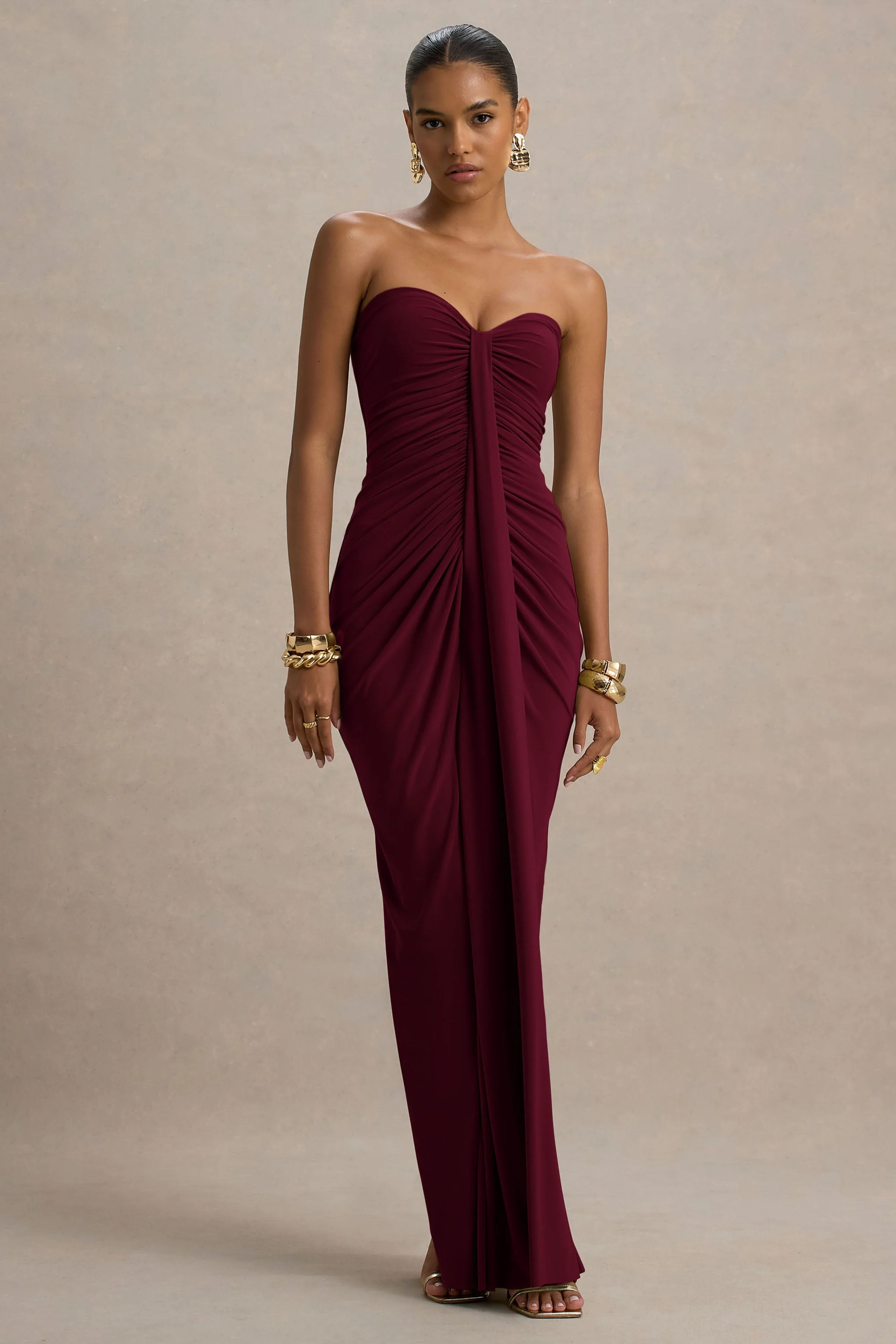Ali | Bordeaux Sweetheart Gerimpeld Maxi Jurk Met Overslag - Image 3