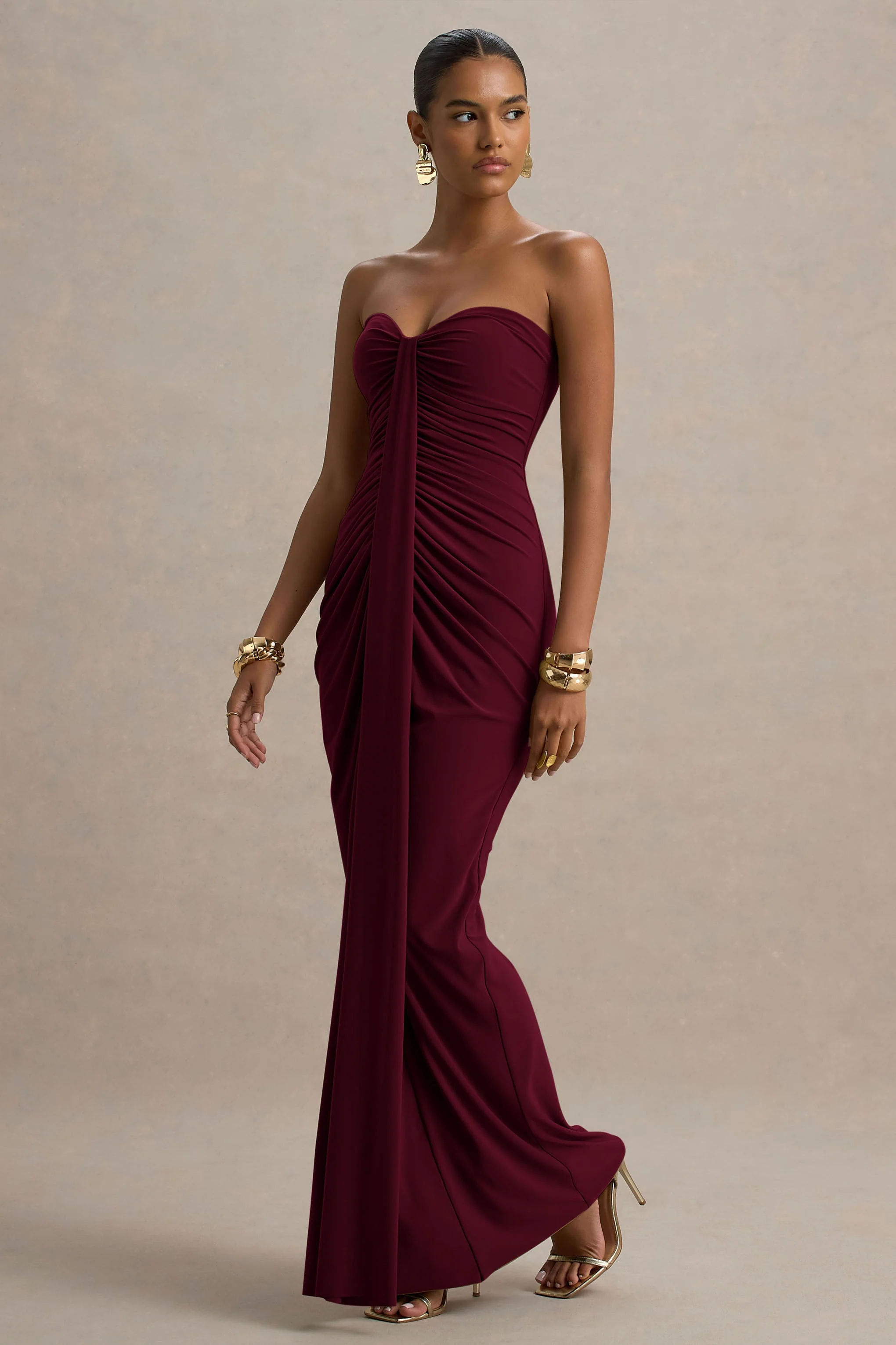 Ali | Bordeaux Sweetheart Gerimpeld Maxi Jurk Met Overslag - Image 4