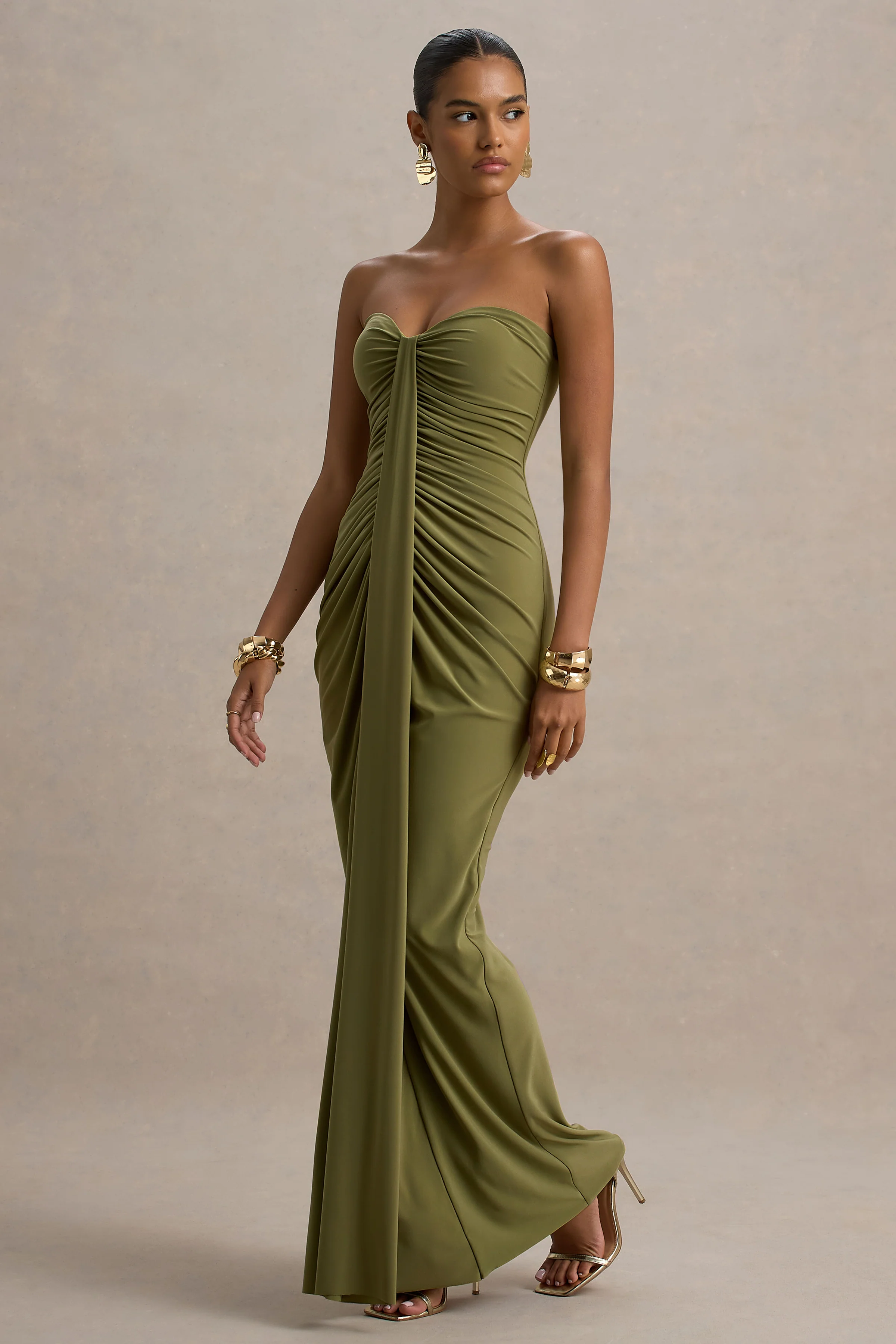 Ali | Olijfgroene Sweetheart Hals Gerimpeld Maxi Jurk Met Overslag - Image 5
