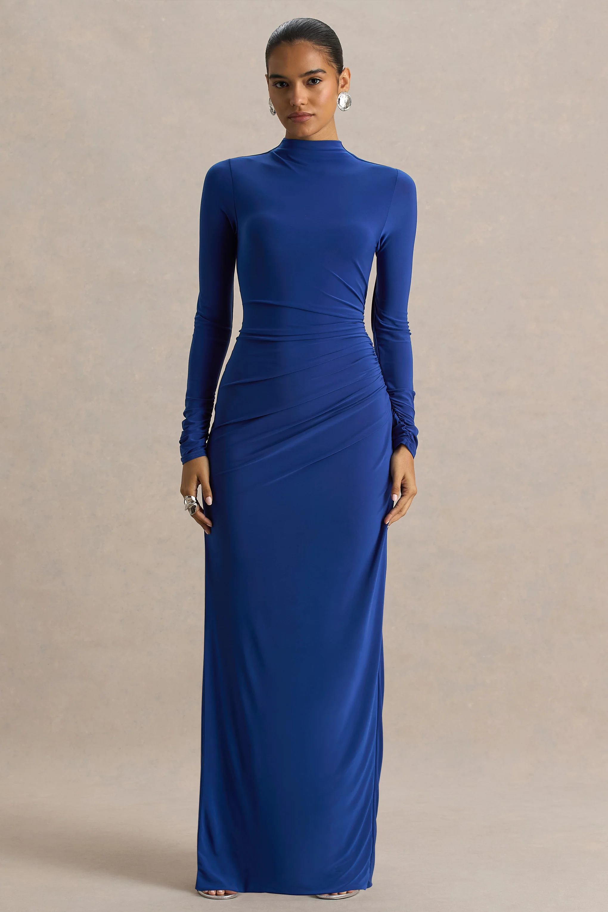 Alluring | Blauwe Hoge Hals Maxi Jurk Met Gerimpeld Details