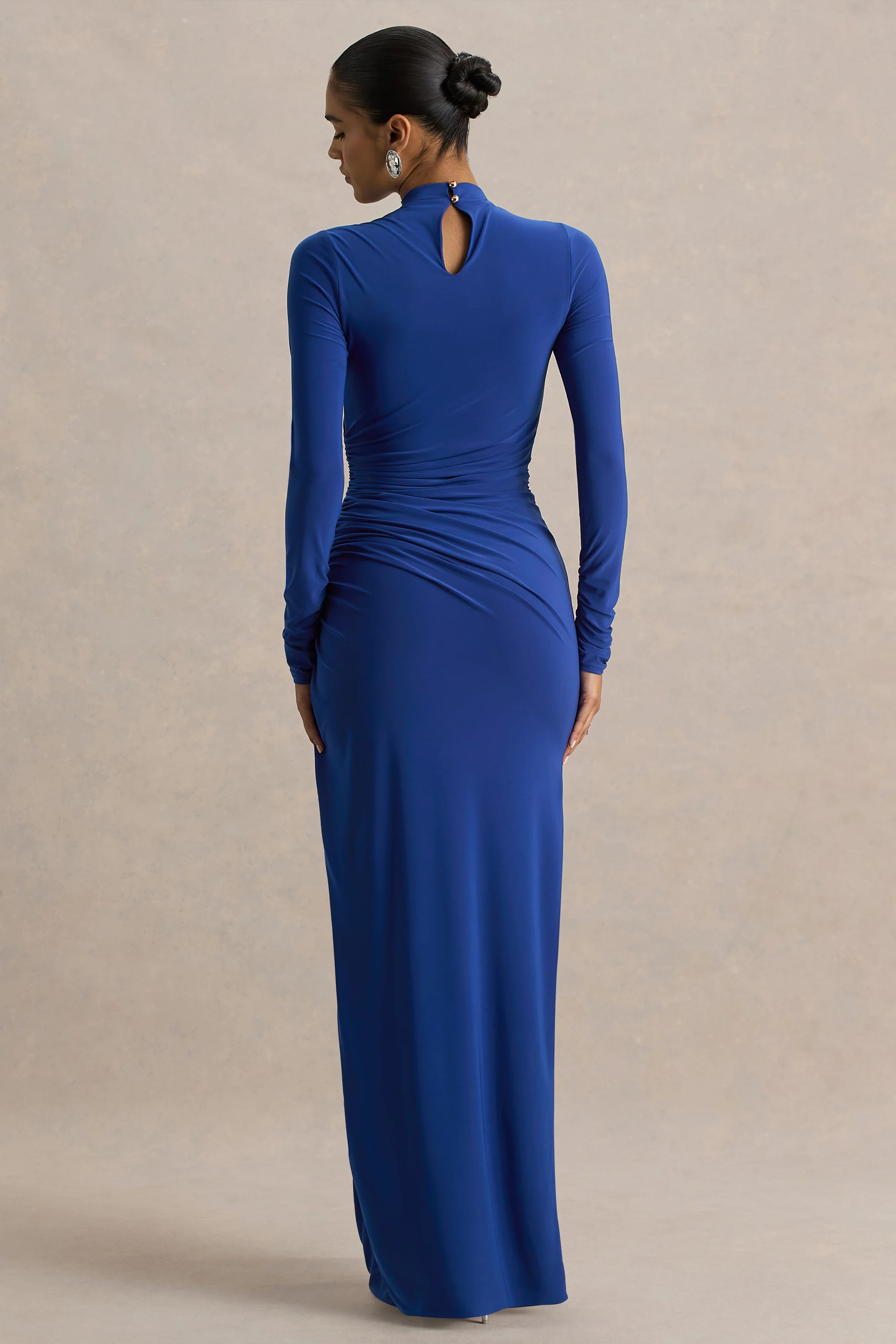 Alluring | Blauwe Hoge Hals Maxi Jurk Met Gerimpeld Details - Image 2