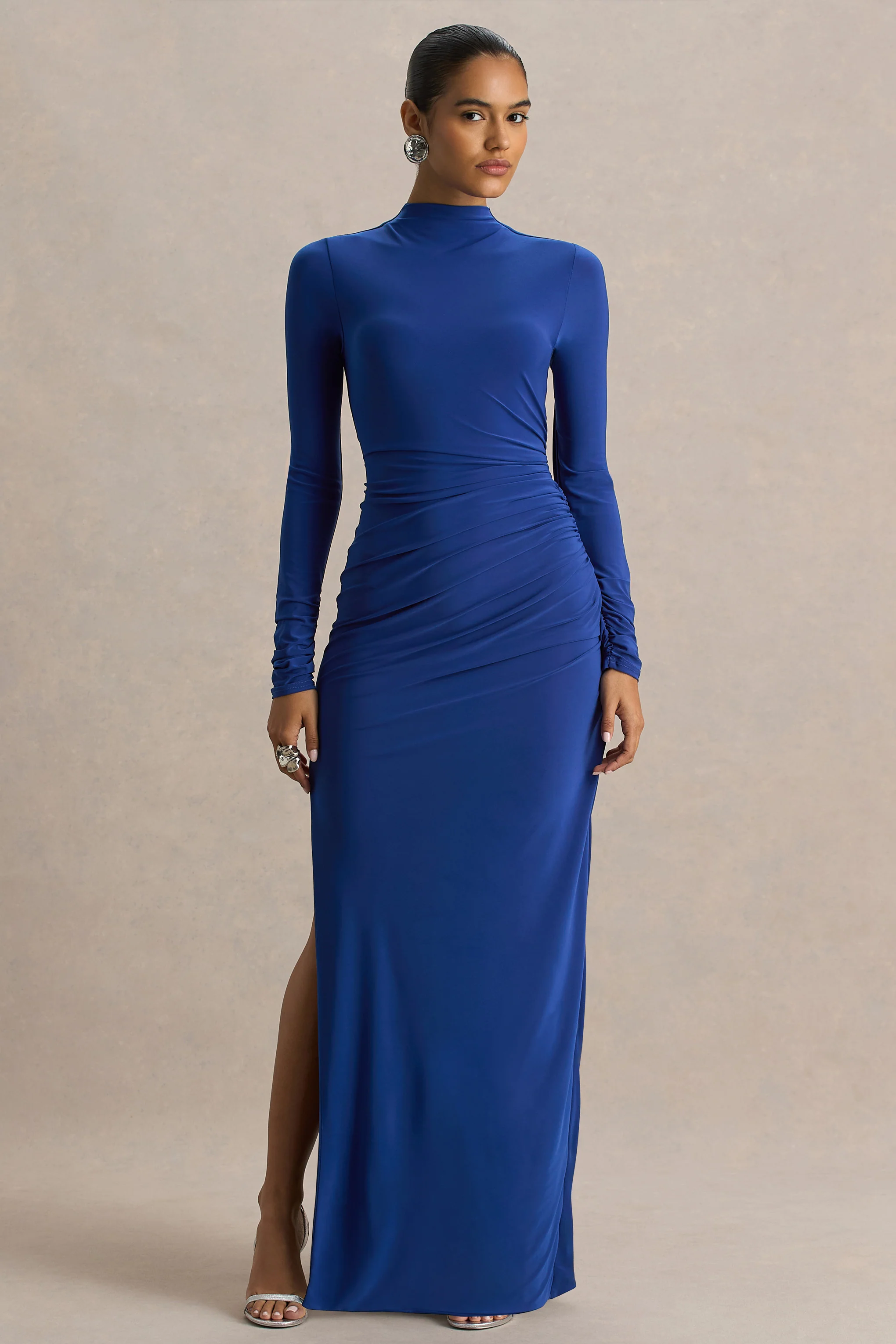 Alluring | Blauwe Hoge Hals Maxi Jurk Met Gerimpeld Details - Image 3