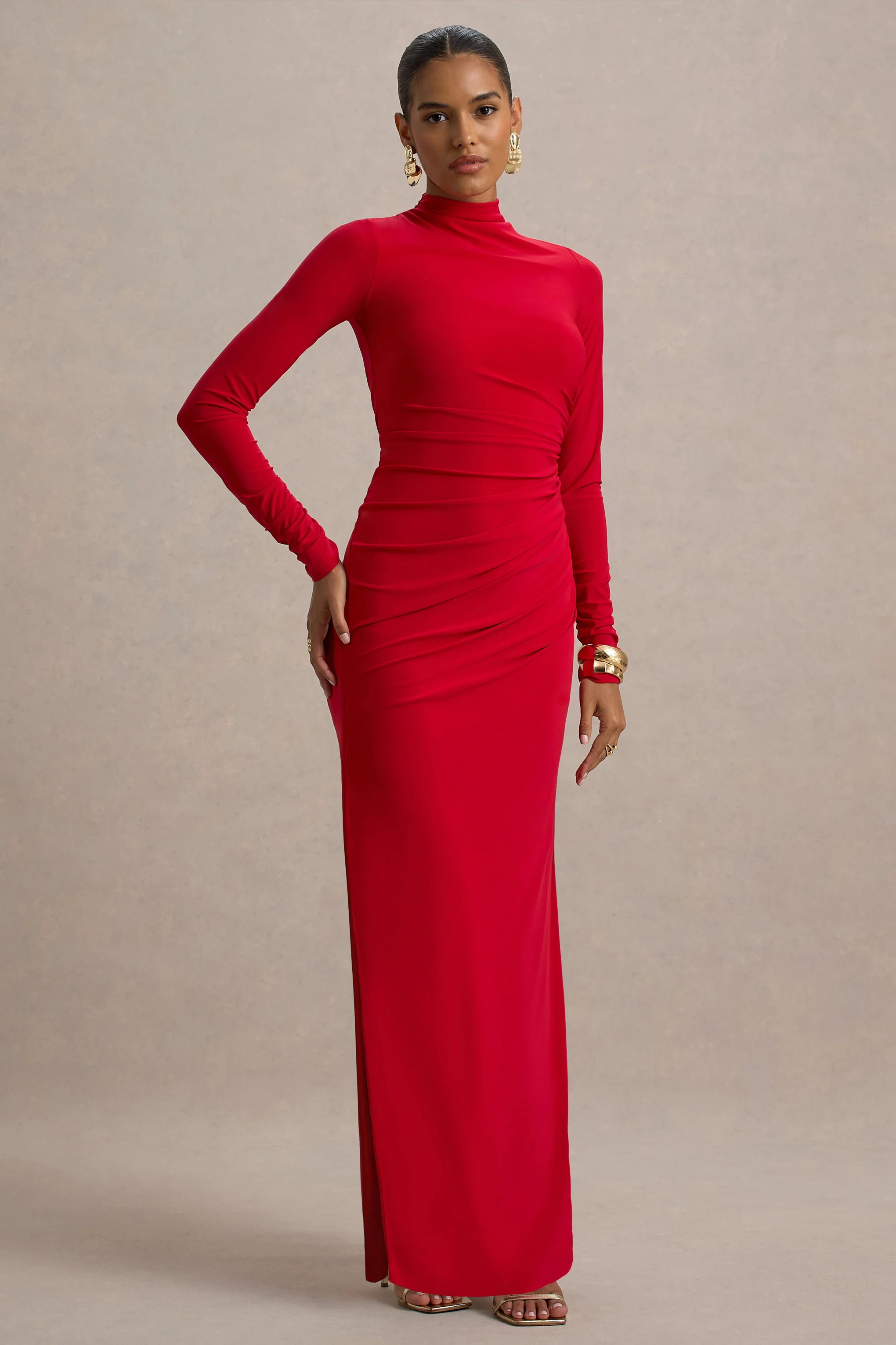 Alluring | Rode Hoge Hals Maxi Jurk Met Gerimpeld Details