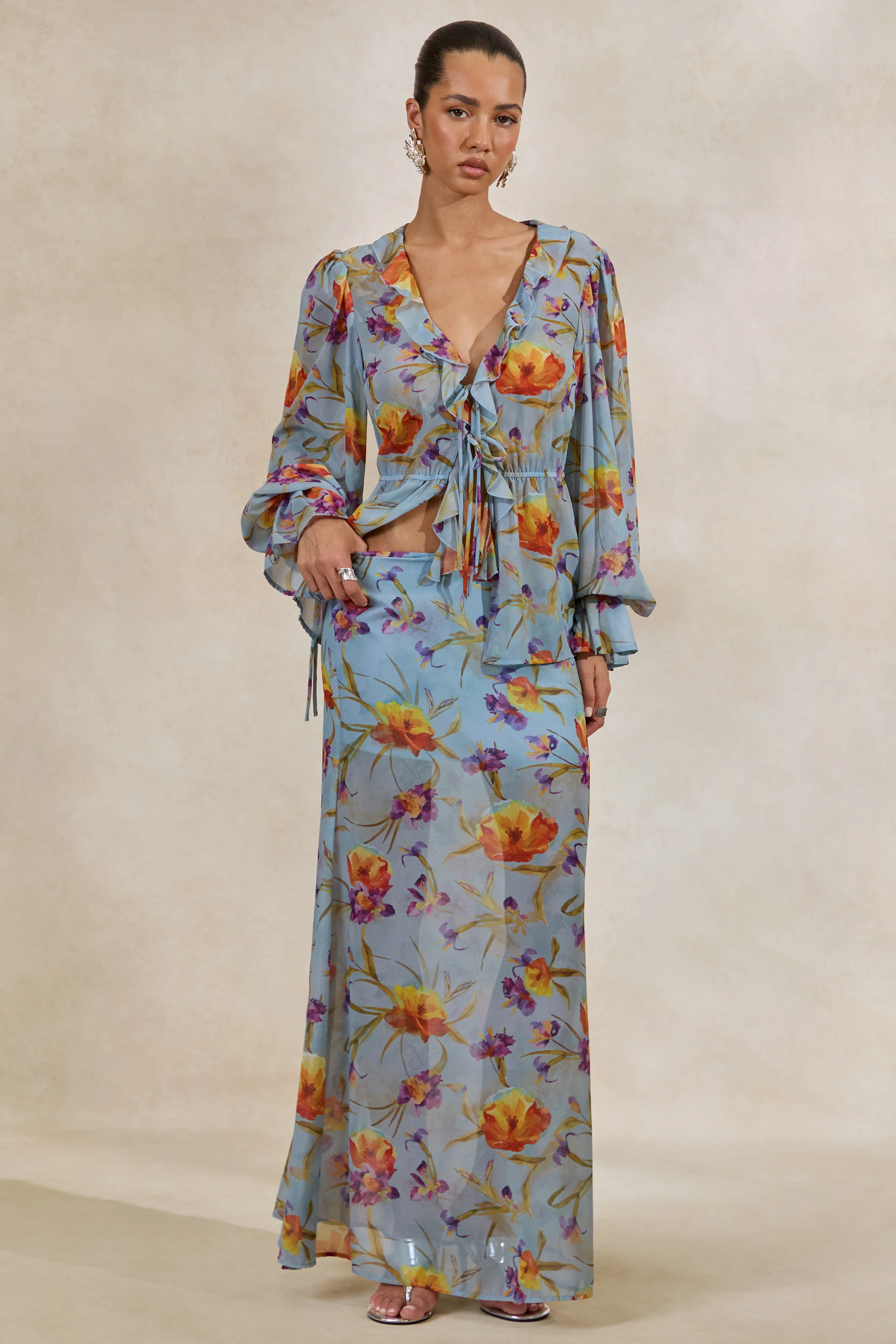 Alveta | Blauwe Doorschijnende Maxi Rok Met Bloemenprint - Image 2