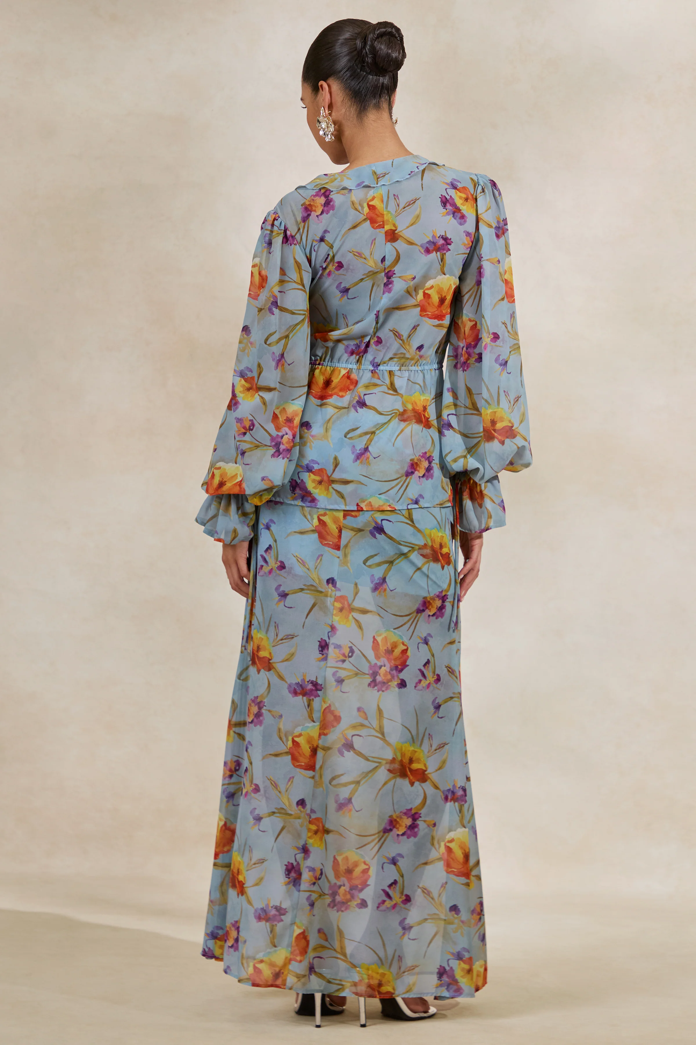 Alveta | Blauwe Doorschijnende Maxi Rok Met Bloemenprint - Image 3