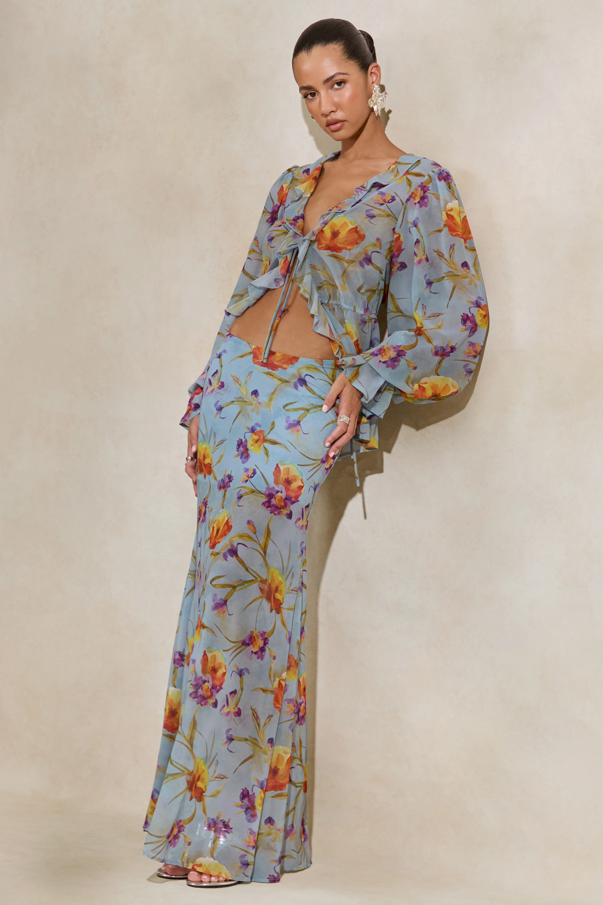 Alveta | Blauwe Doorschijnende Maxi Rok Met Bloemenprint - Image 4