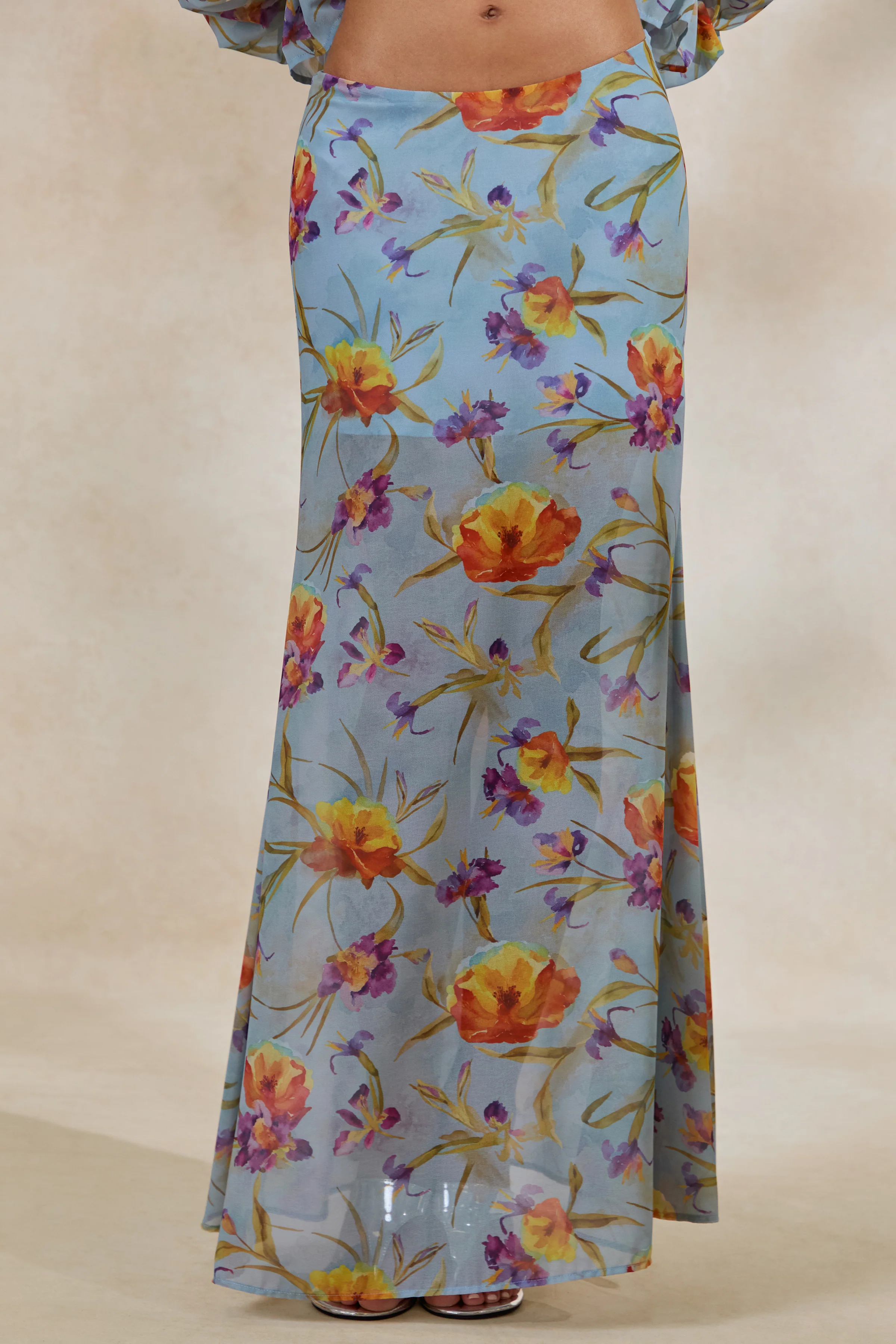 Alveta | Blauwe Doorschijnende Maxi Rok Met Bloemenprint - Image 5