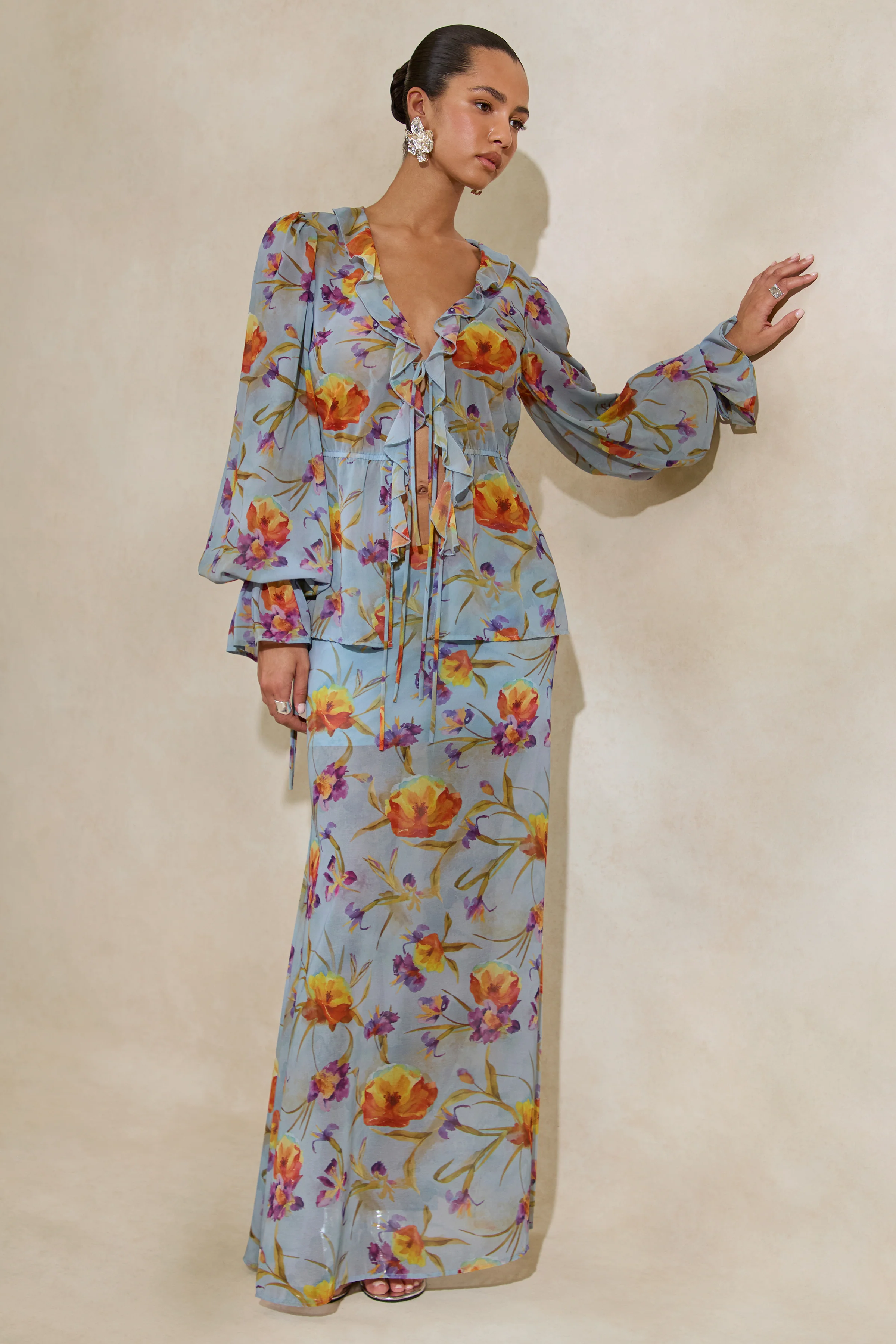 Alveta | Blauwe Doorschijnende Maxi Rok Met Bloemenprint - Image 6