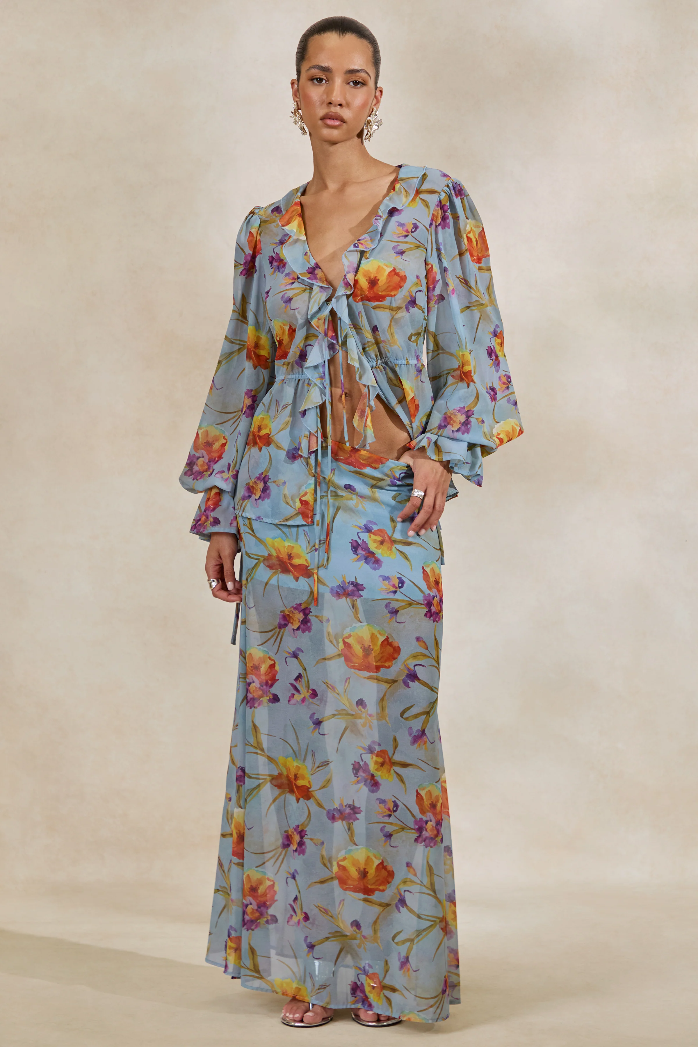 Alveta | Blauwe Doorschijnende Maxi Rok Met Bloemenprint - Image 7