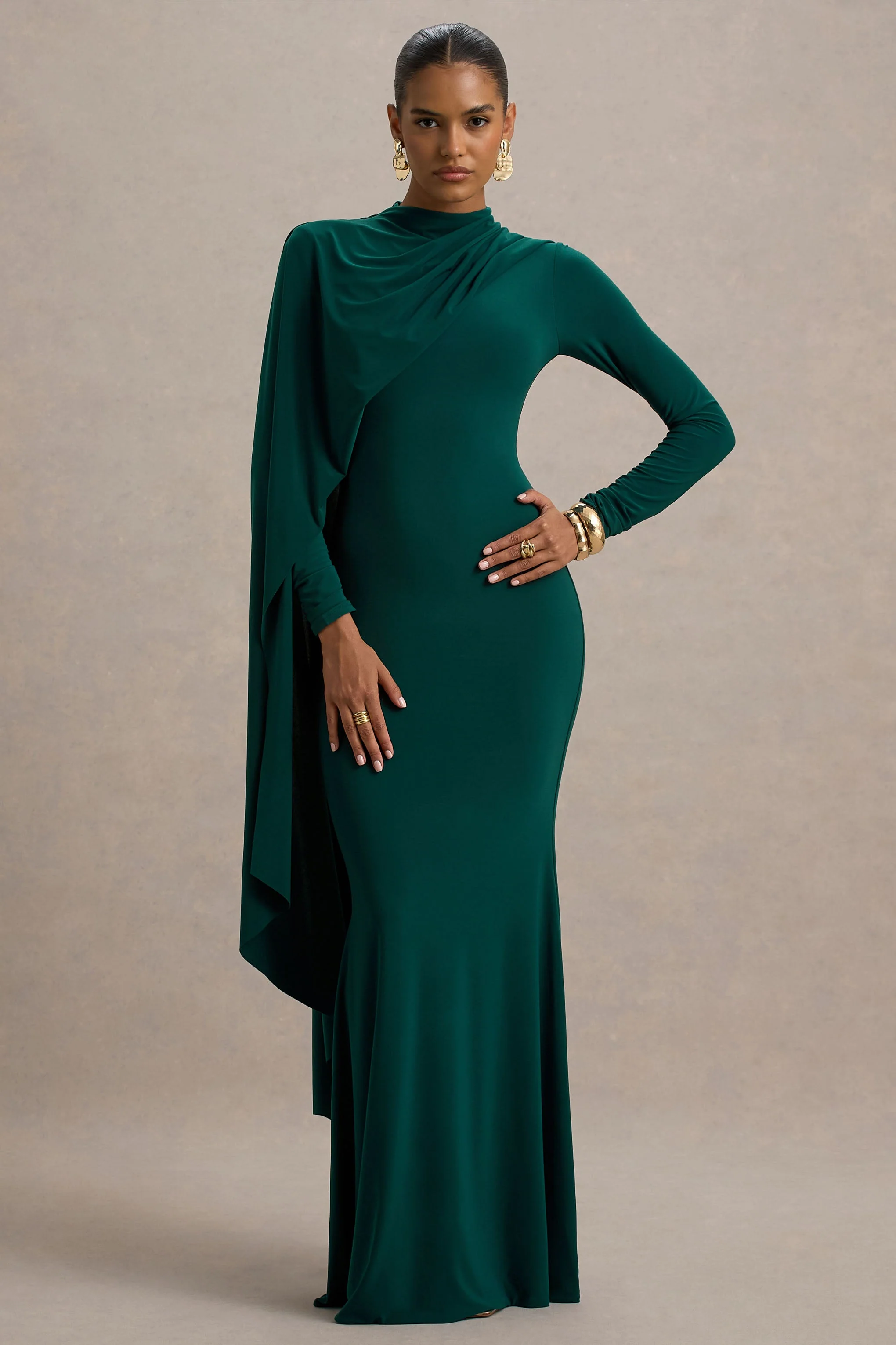 Always | Flessengroene Hoge Hals Maxi Jurk Met Cape mouw Detail