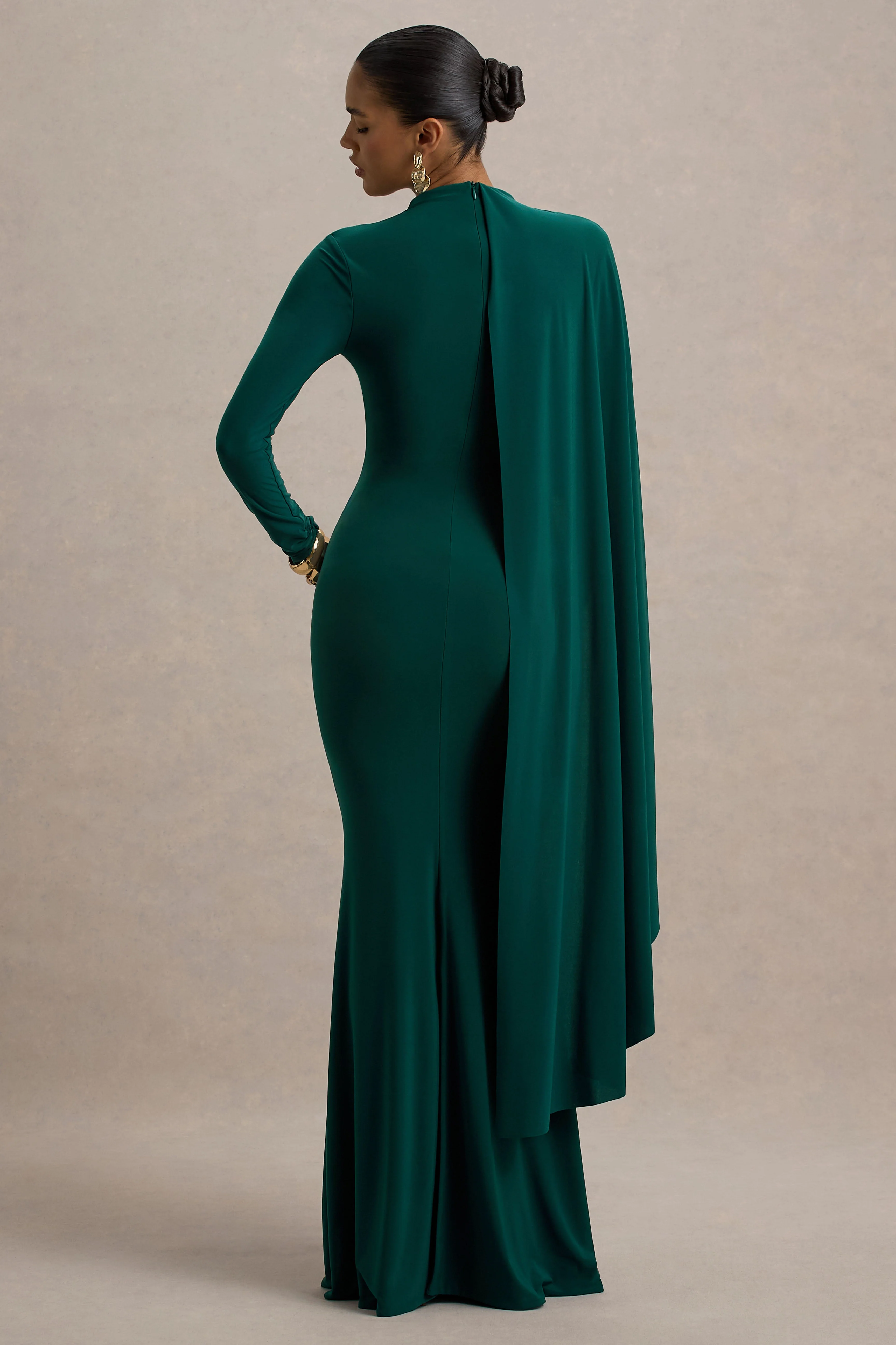 Always | Flessengroene Hoge Hals Maxi Jurk Met Cape mouw Detail - Image 2