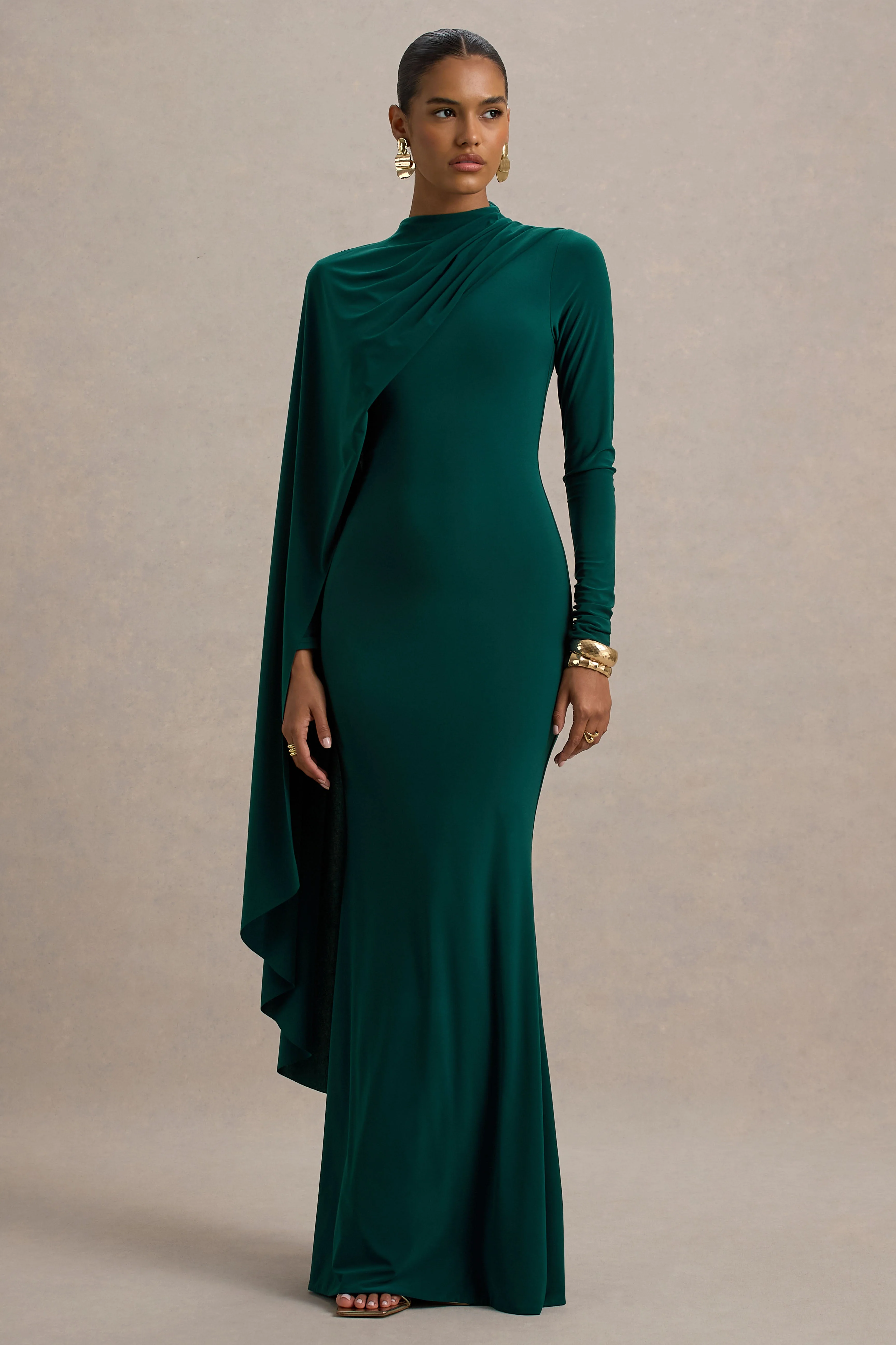 Always | Flessengroene Hoge Hals Maxi Jurk Met Cape mouw Detail - Image 4