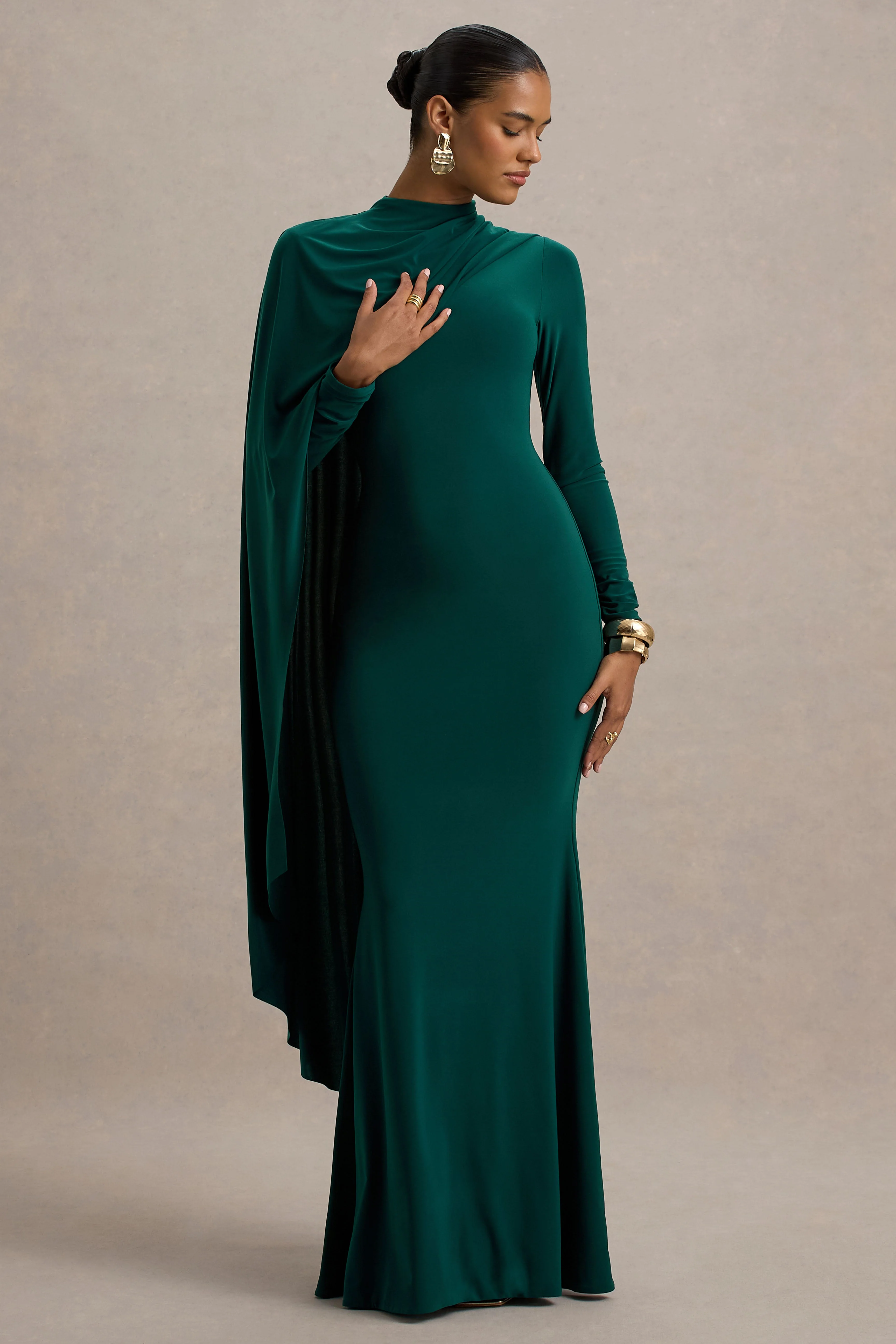 Always | Flessengroene Hoge Hals Maxi Jurk Met Cape mouw Detail - Image 5