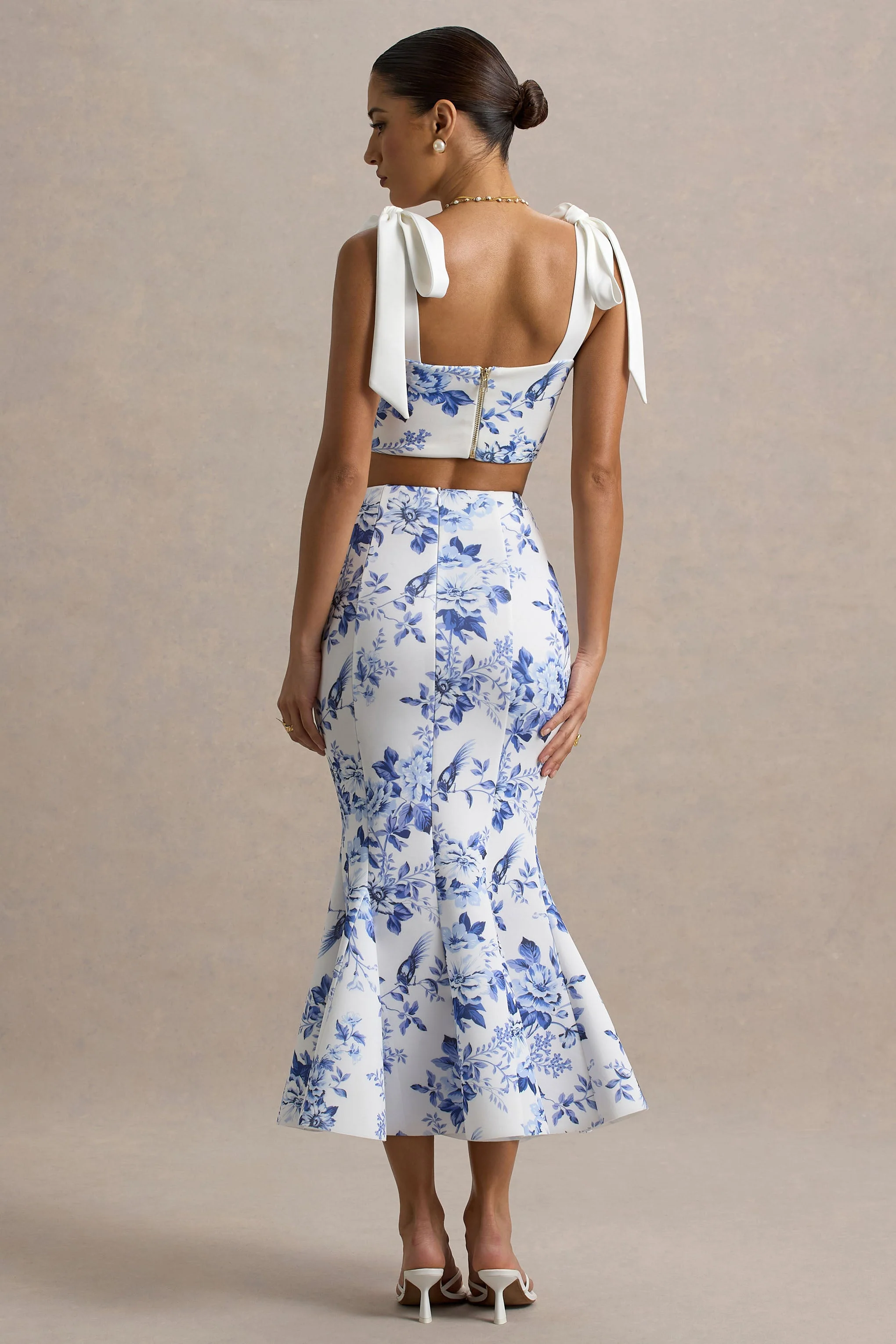 Amadea | Blauwe Porseleinen Print Fishtail Midi Rok - Image 2