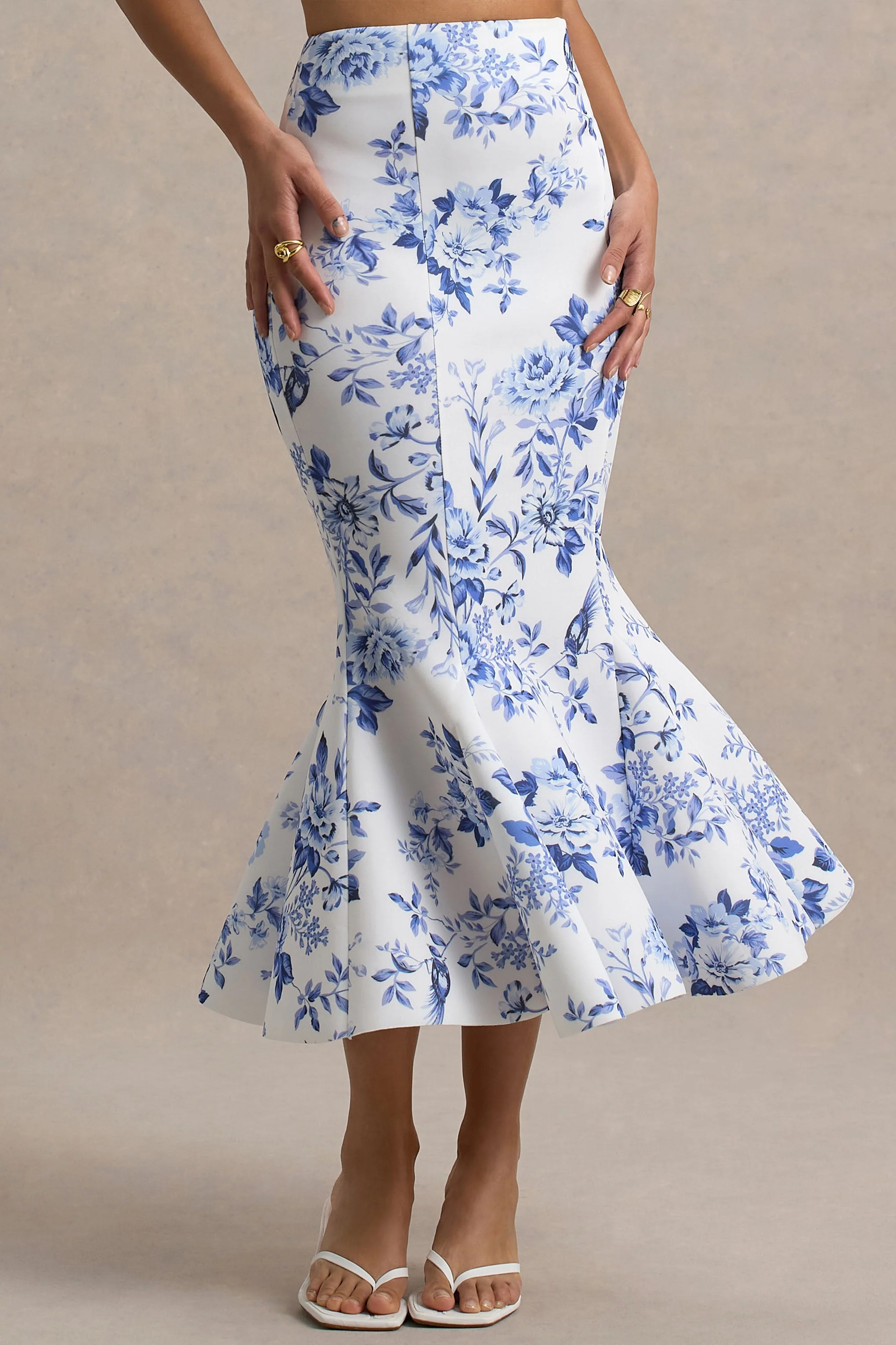 Amadea | Blauwe Porseleinen Print Fishtail Midi Rok - Image 3