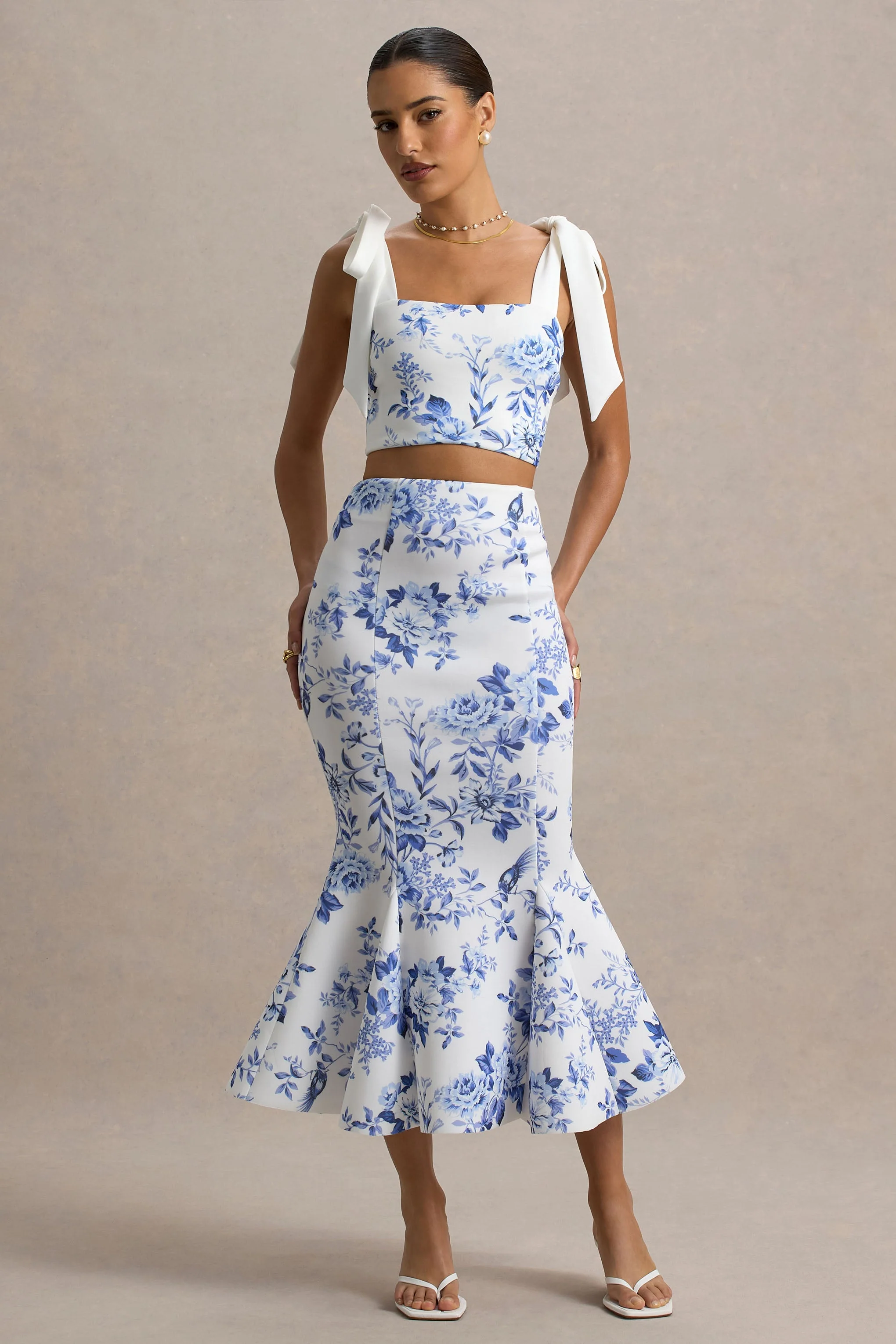 Amadea | Blauwe Porseleinen Print Fishtail Midi Rok - Image 5