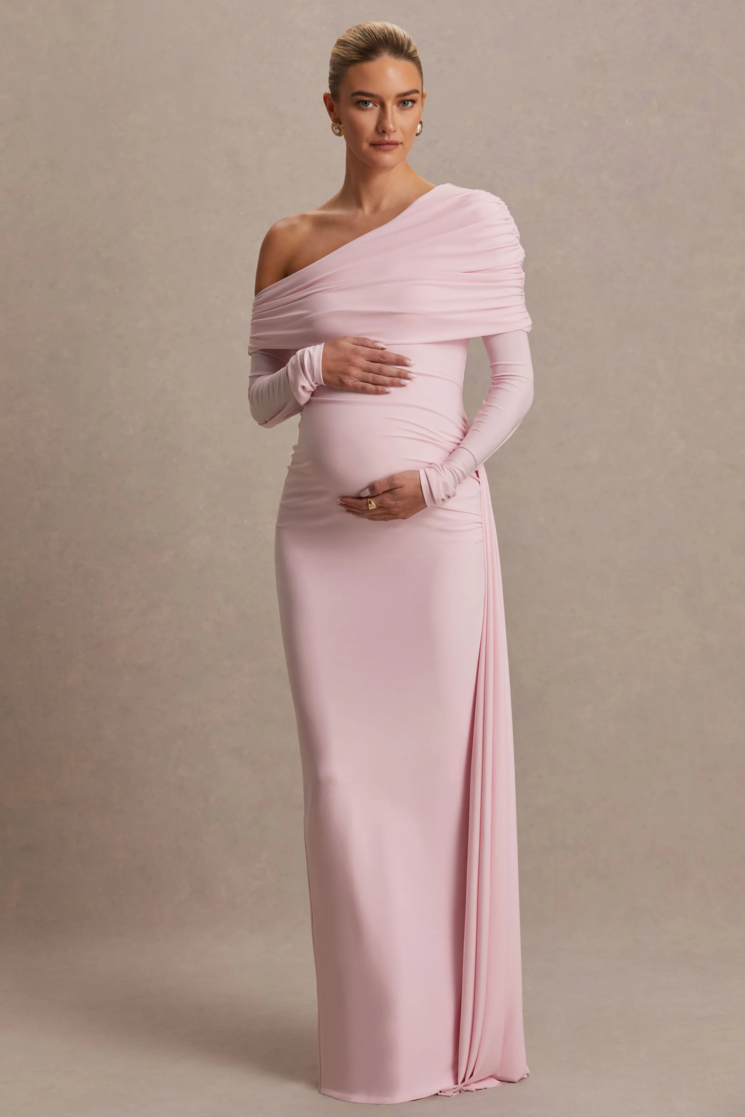 Amara | Blosroze Zwangerschaps Maxi Jurk Met Asymmetrische Hals En Ceintuur Detail - Image 4
