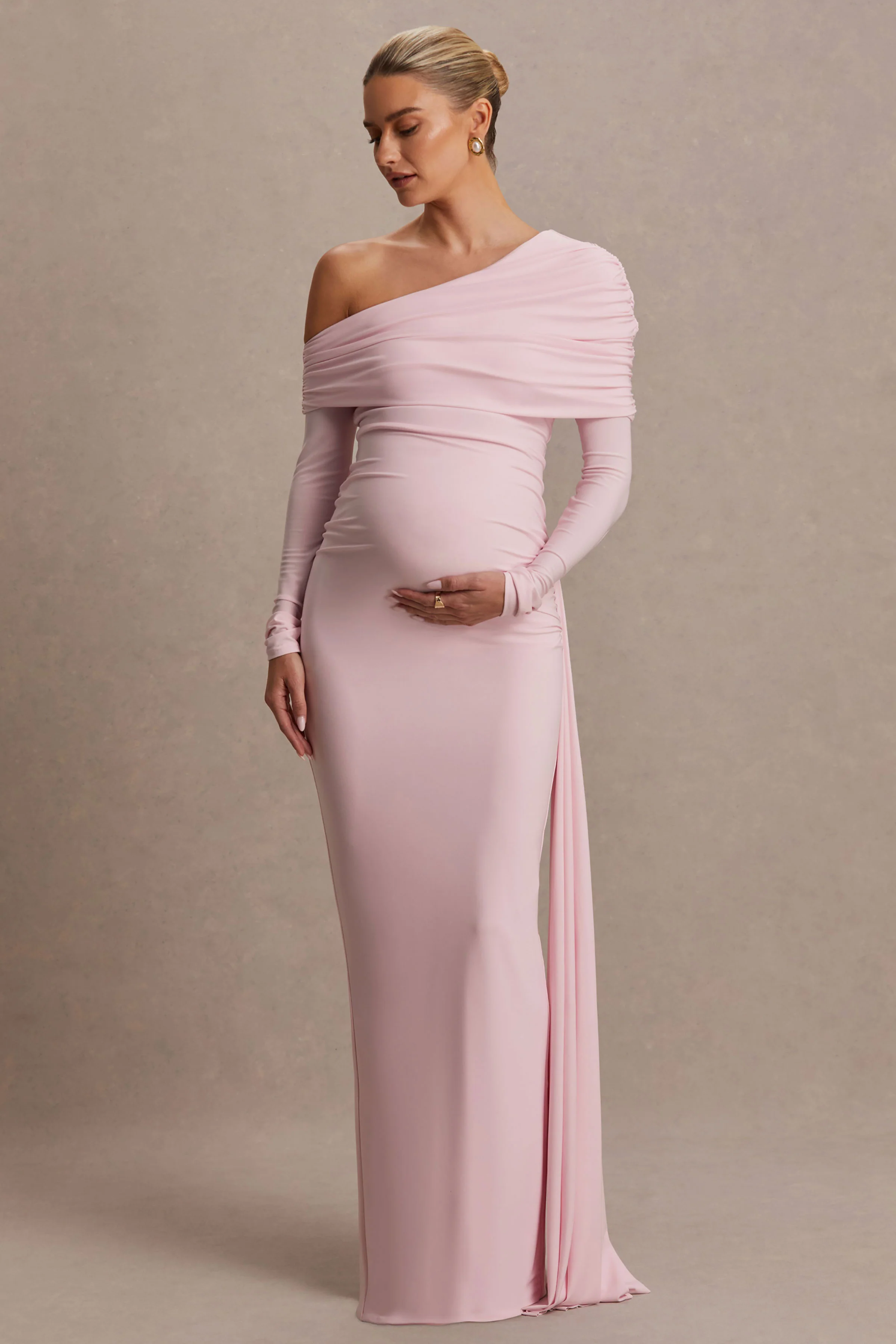 Amara | Blosroze Zwangerschaps Maxi Jurk Met Asymmetrische Hals En Ceintuur Detail - Image 5