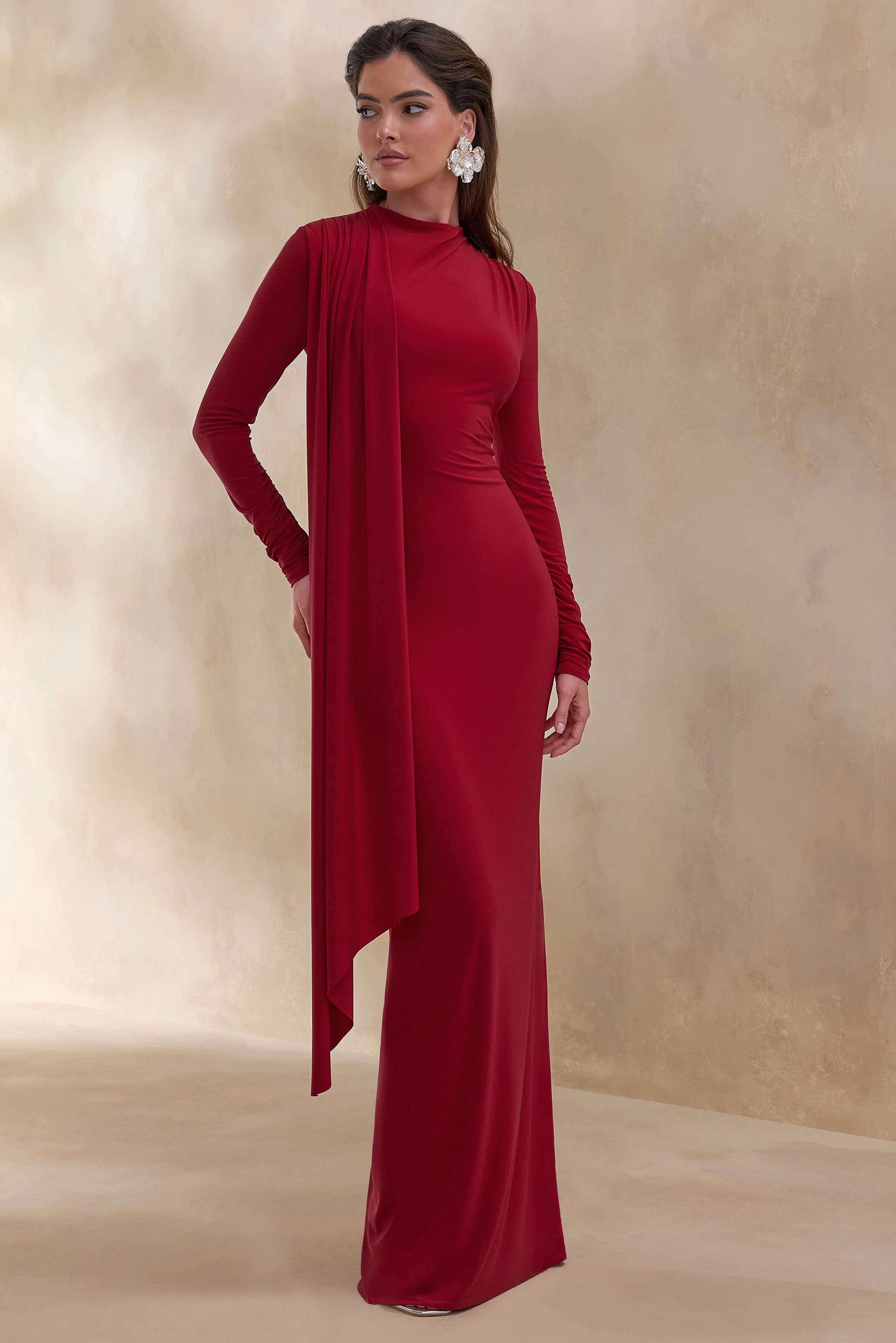 Amaria | Rode Hoge Hals Maxi Jurk met Ceintuur Detail