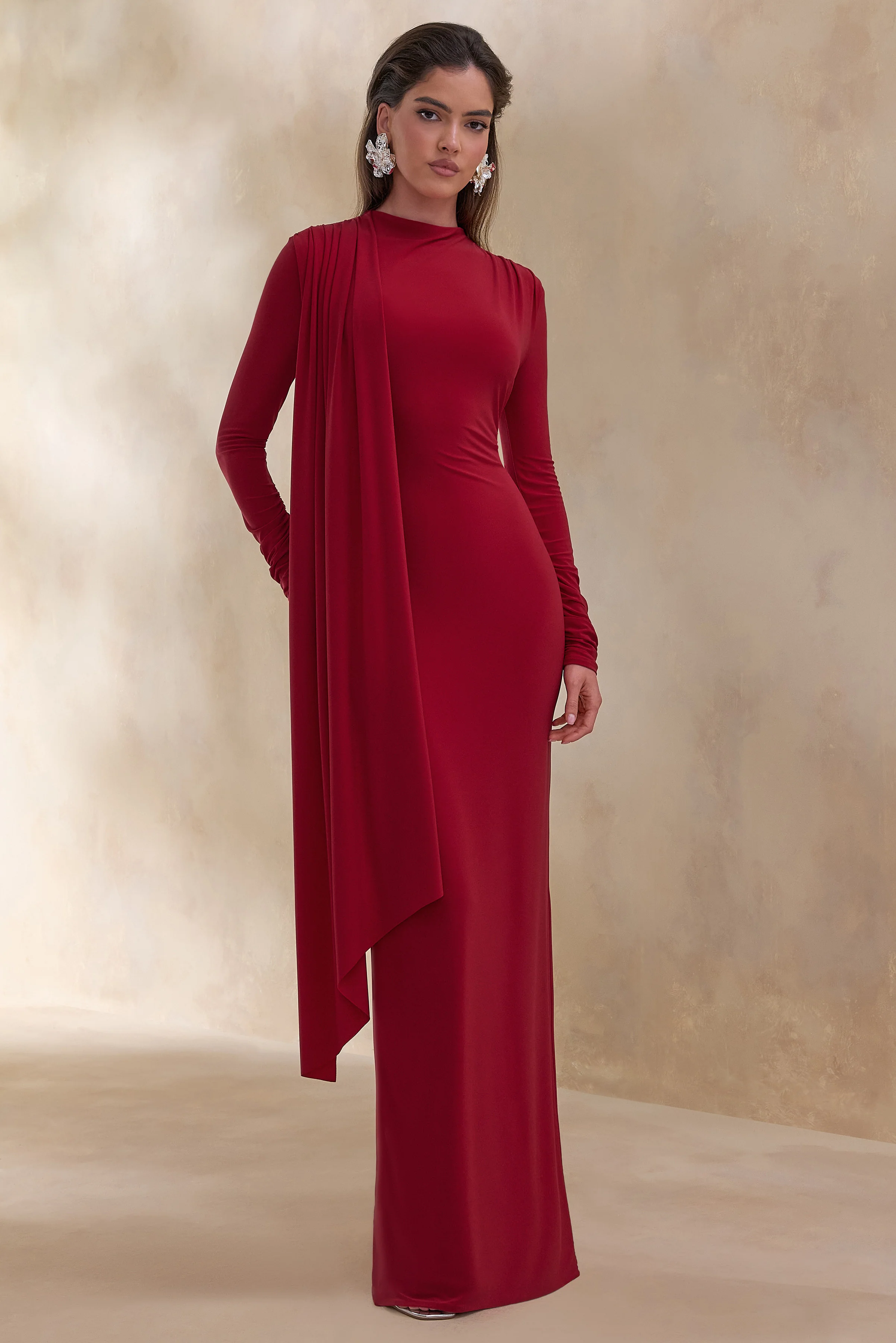 Amaria | Rode Hoge Hals Maxi Jurk met Ceintuur Detail - Image 4