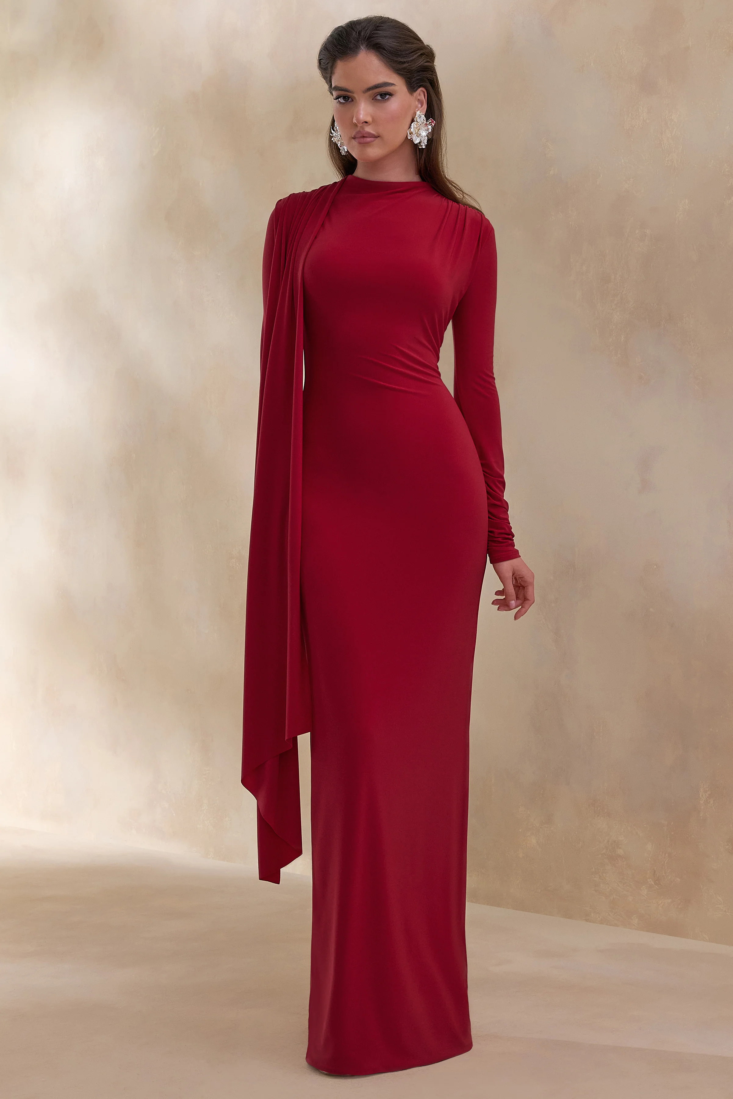 Amaria | Rode Hoge Hals Maxi Jurk met Ceintuur Detail - Image 5