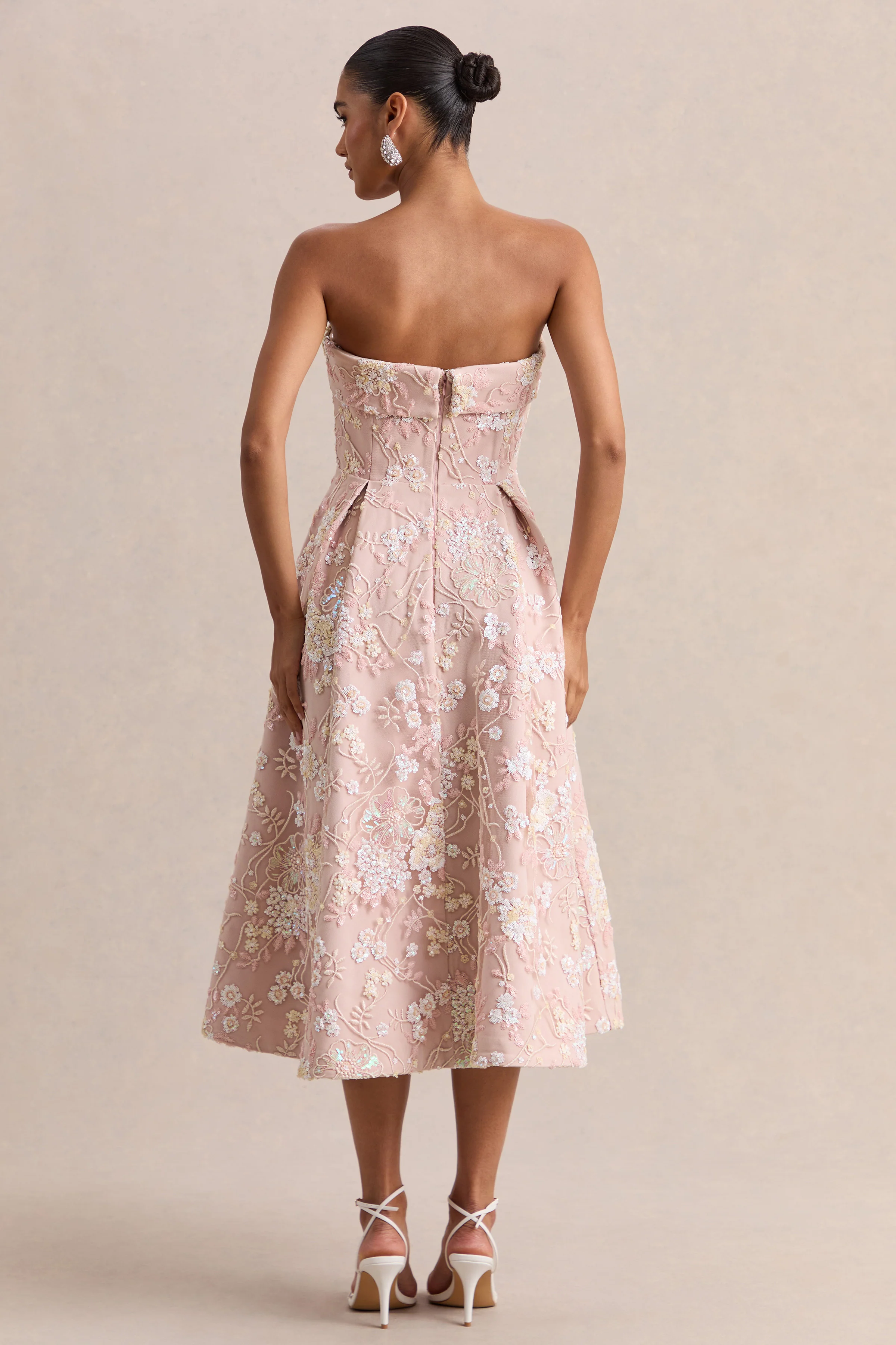 Amaris | Roze Versierde Bloemenprint Bandeau Skater Midi Jurk - Image 2