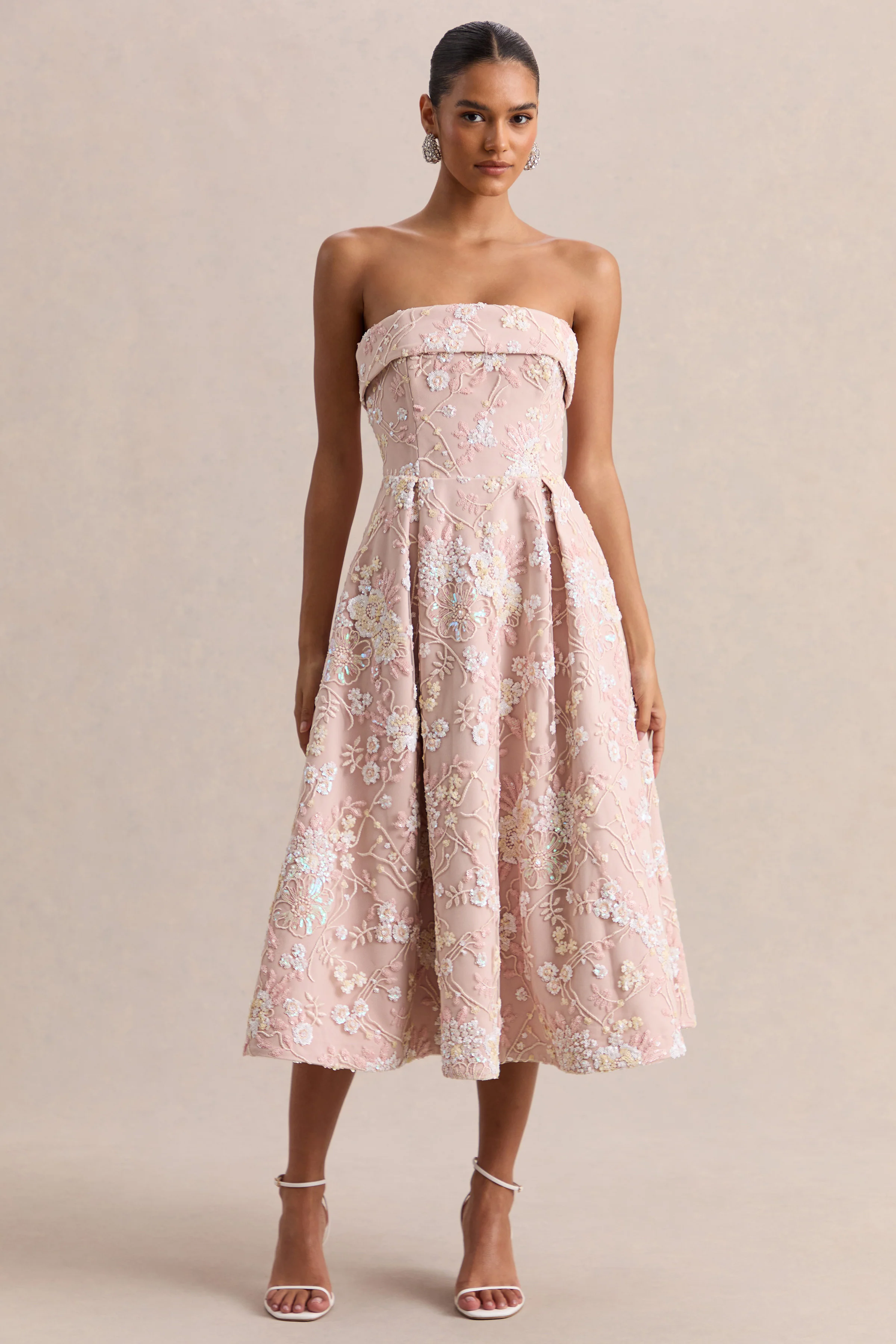 Amaris | Roze Versierde Bloemenprint Bandeau Skater Midi Jurk - Image 4