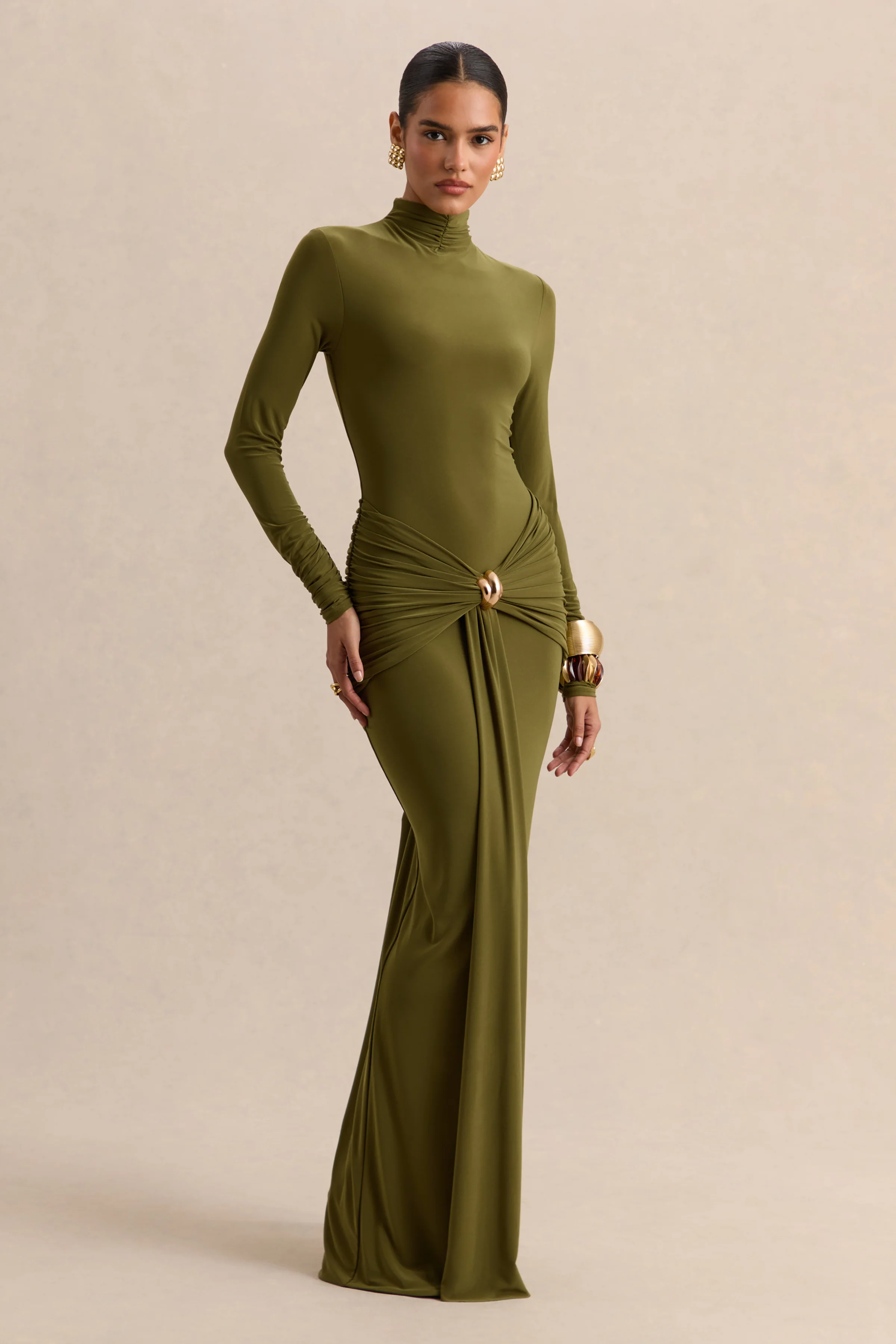 Ambrette | Olijfgroene Maxi Jurk met Hoge Hals en Geplooide Details