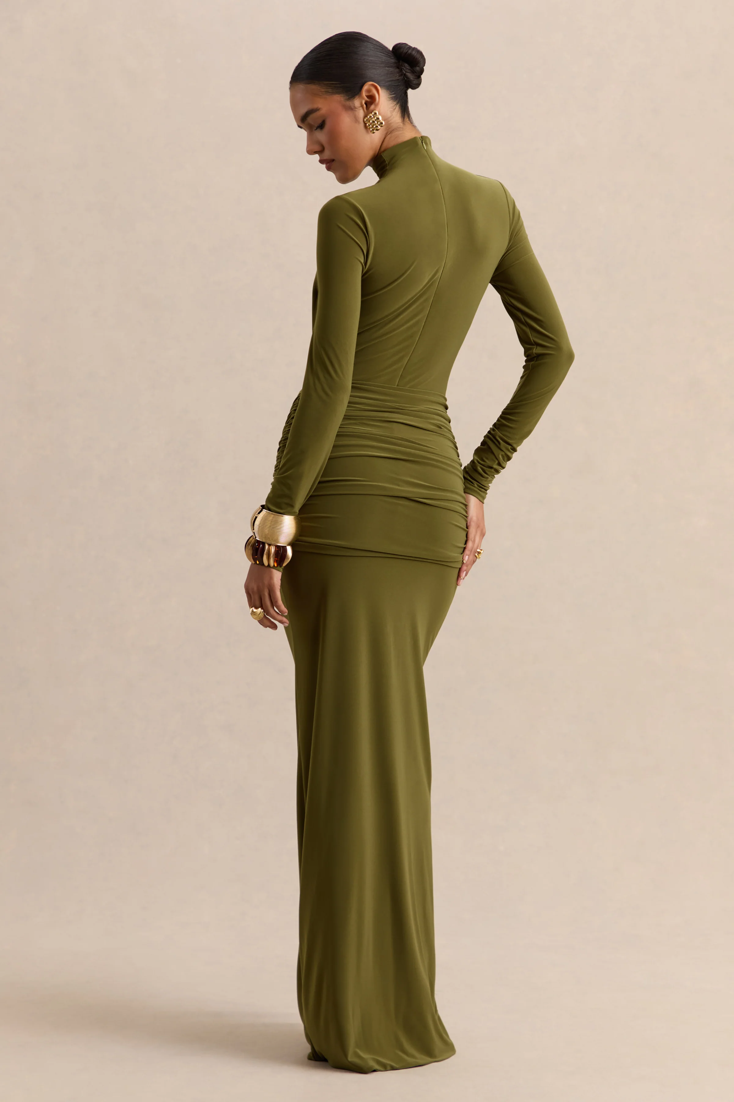 Ambrette | Olijfgroene Maxi Jurk met Hoge Hals en Geplooide Details - Image 2