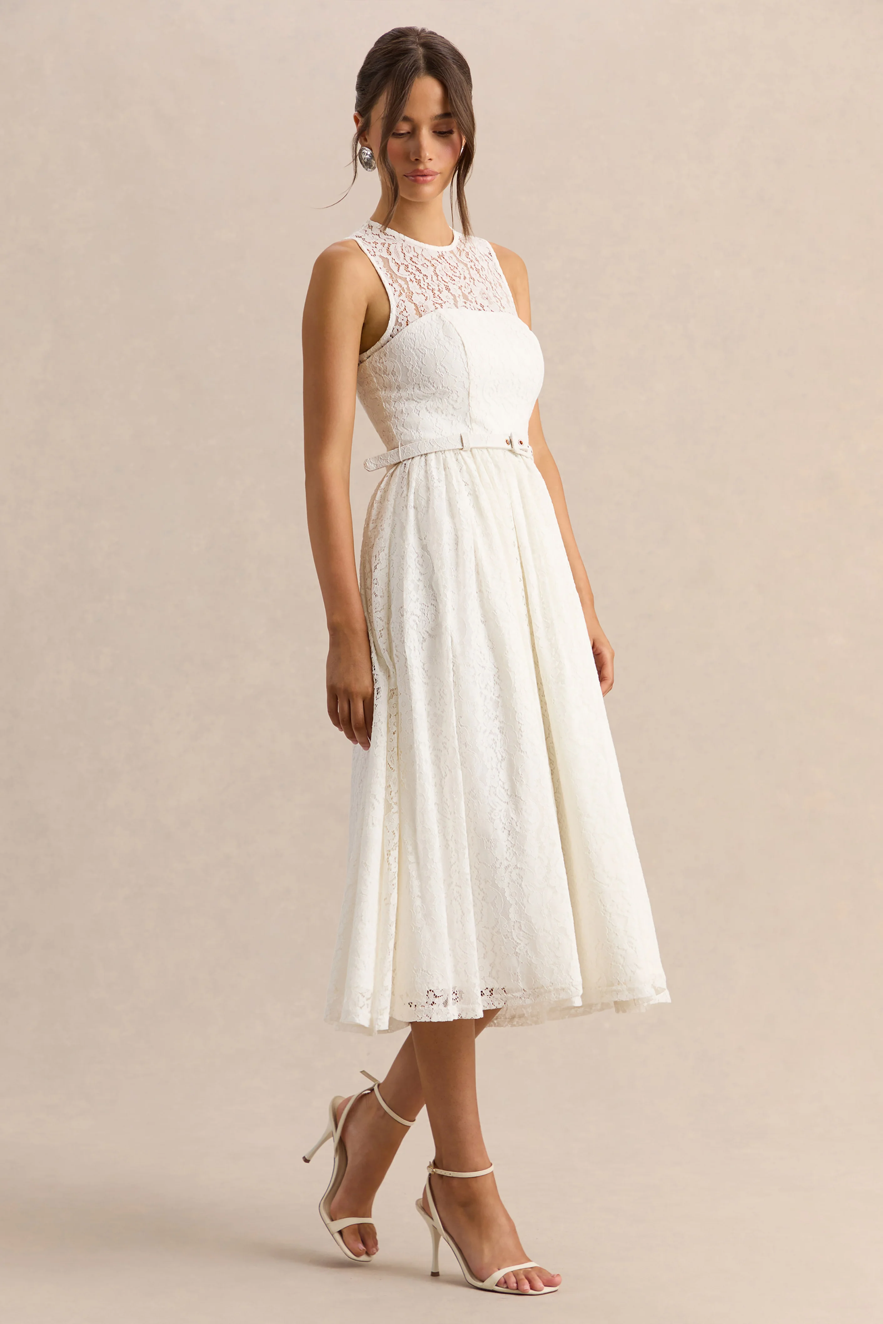 Anabella | Witte Kanten Ronde Hals Midi Jurk Met Ceintuur - Image 5