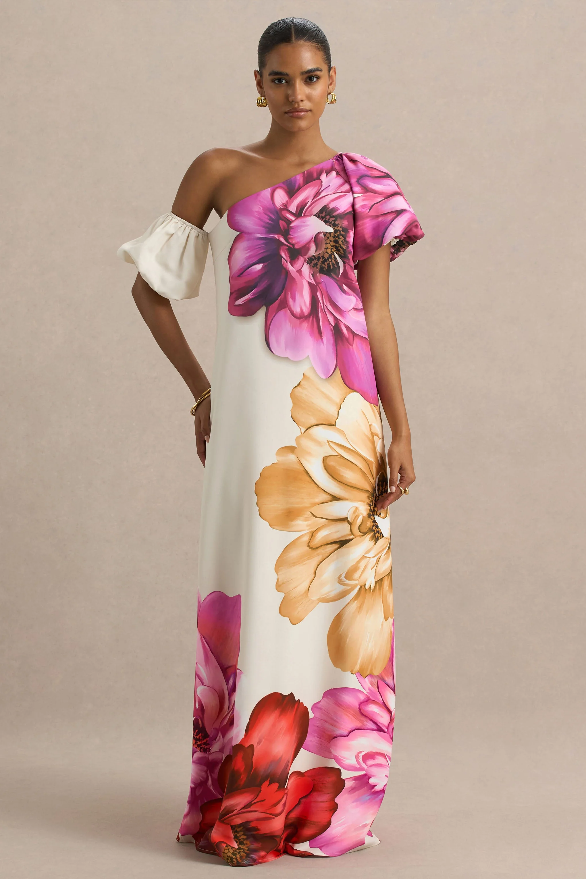 Anastasia | Grote Multi-Bloemenprint Maxi Jurk Met Asymmetriche Hals - Image 4