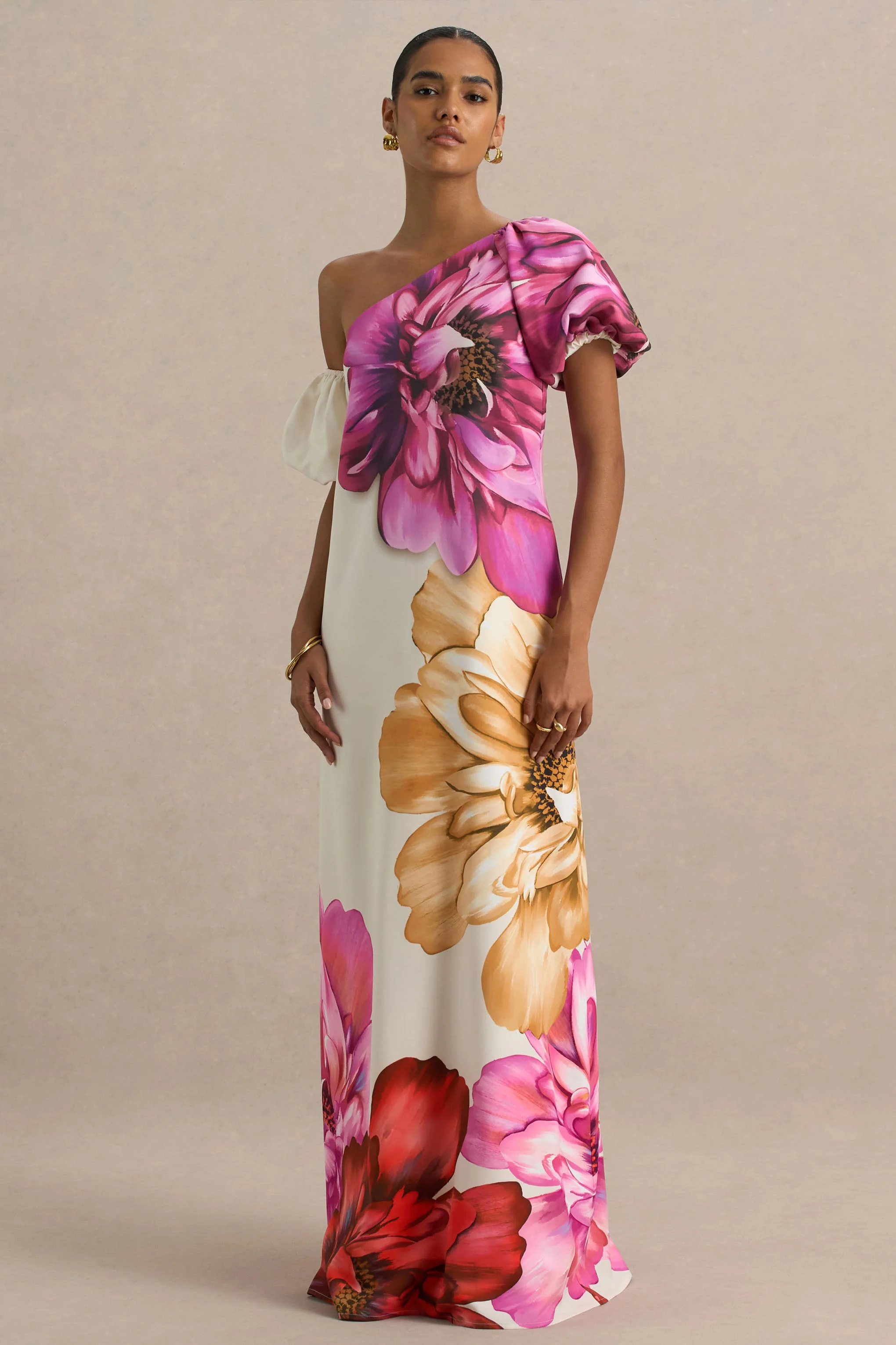 Anastasia | Grote Multi-Bloemenprint Maxi Jurk Met Asymmetriche Hals - Image 5