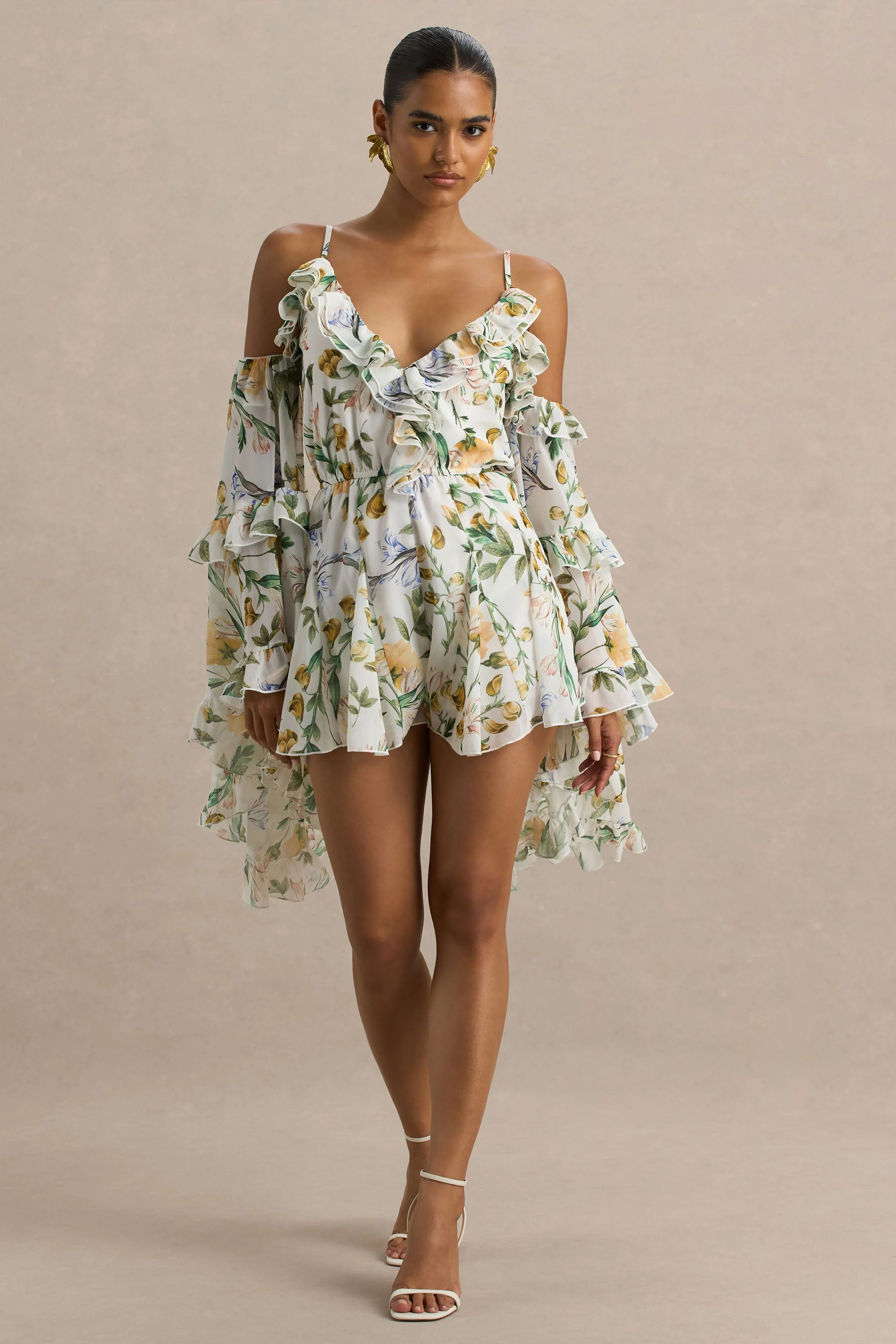 Anaya | Citroenenbloemen Print Chiffon Playsuit Met Lange Mouwen - Image 3