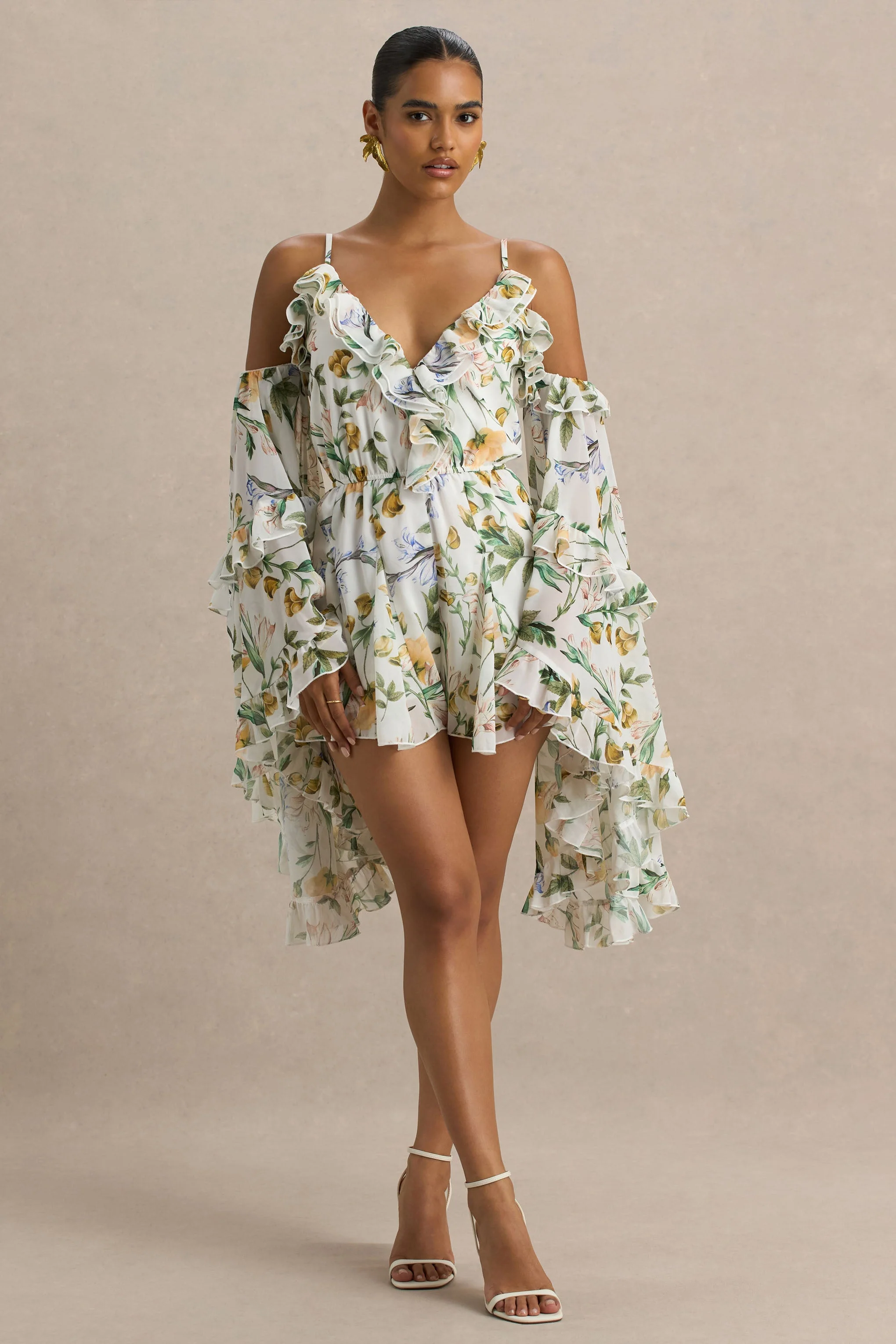 Anaya | Citroenenbloemen Print Chiffon Playsuit Met Lange Mouwen - Image 4