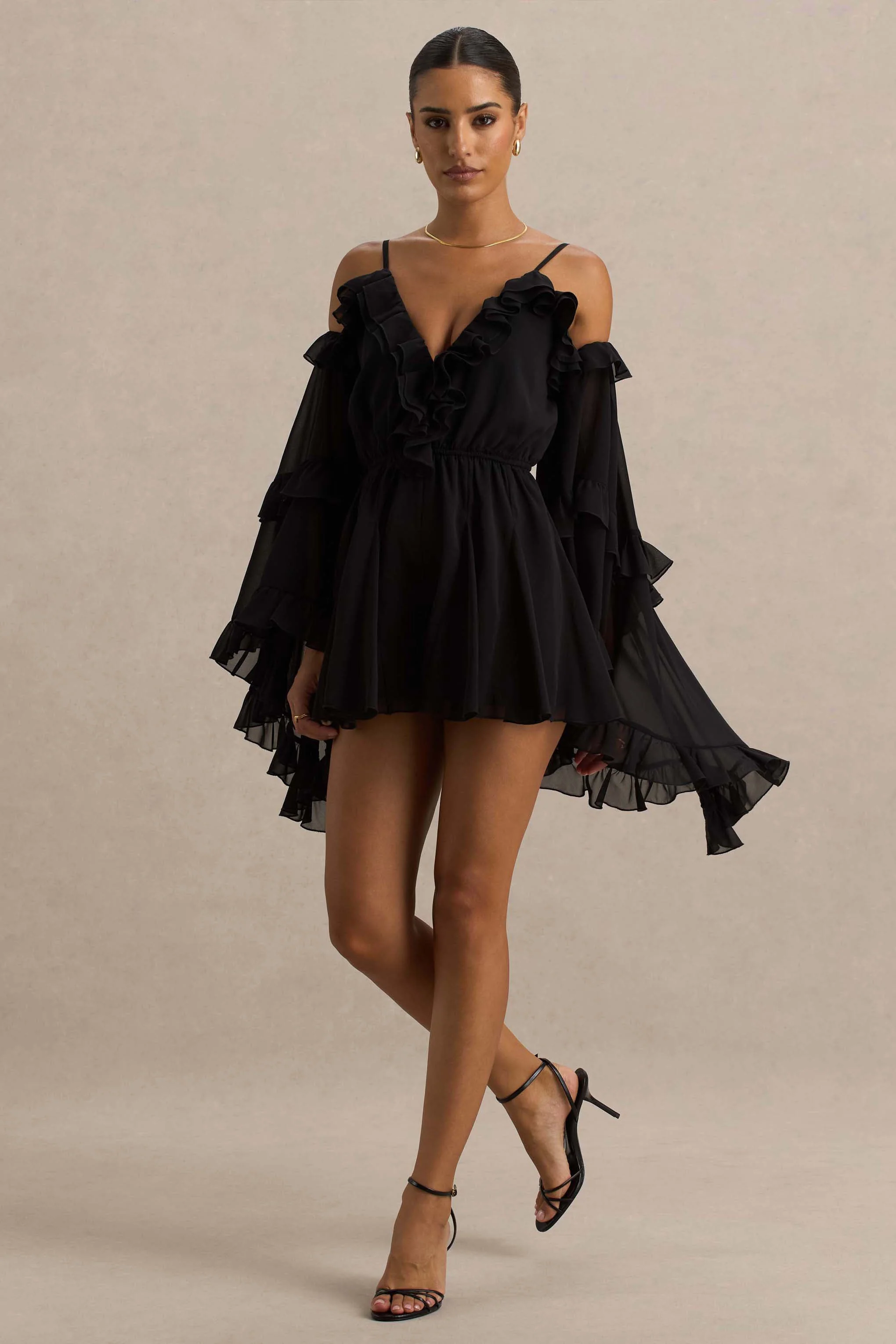 Anaya | Zwarte Chiffon Playsuit Met Lange Mouwen - Image 4