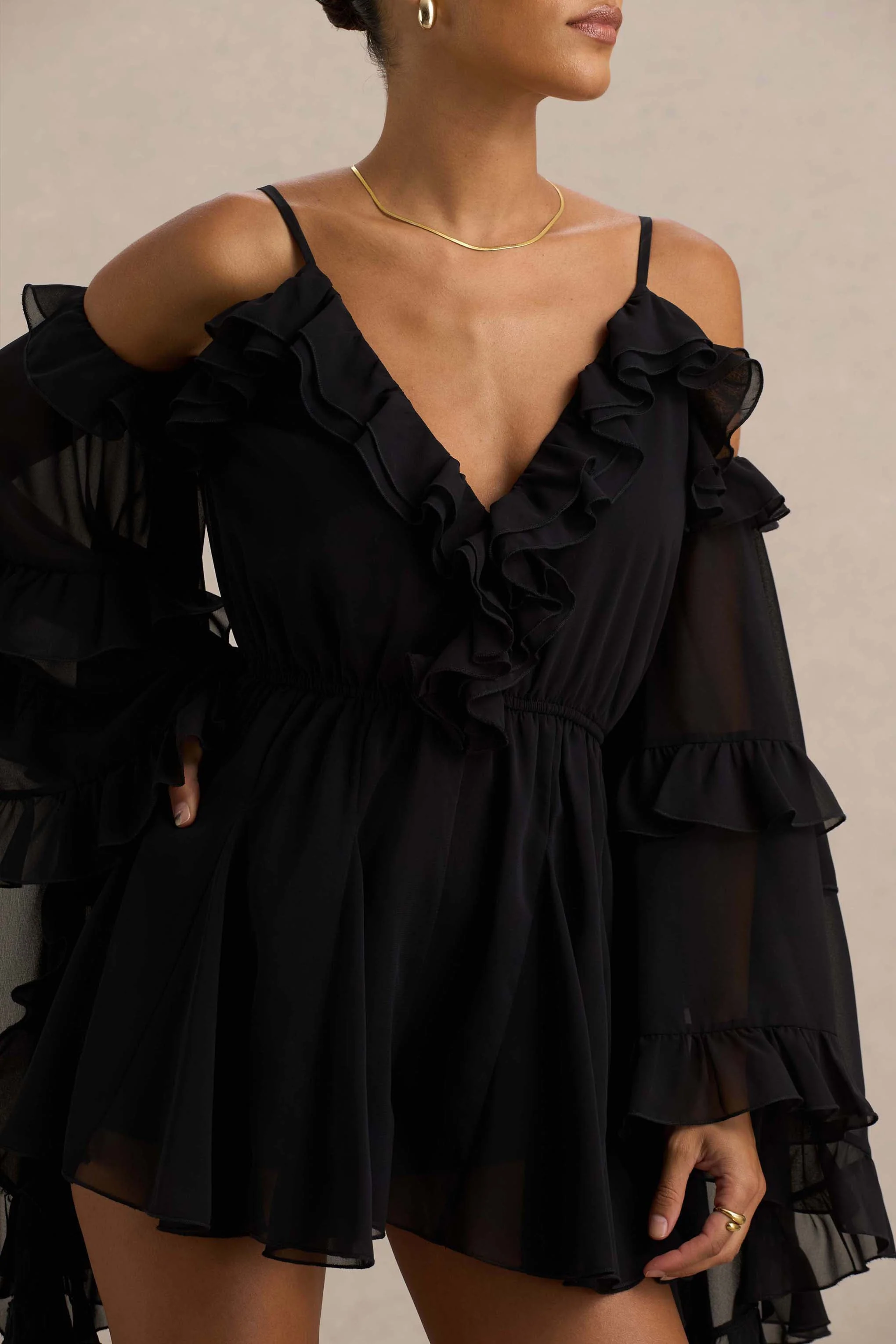 Anaya | Zwarte Chiffon Playsuit Met Lange Mouwen - Image 5