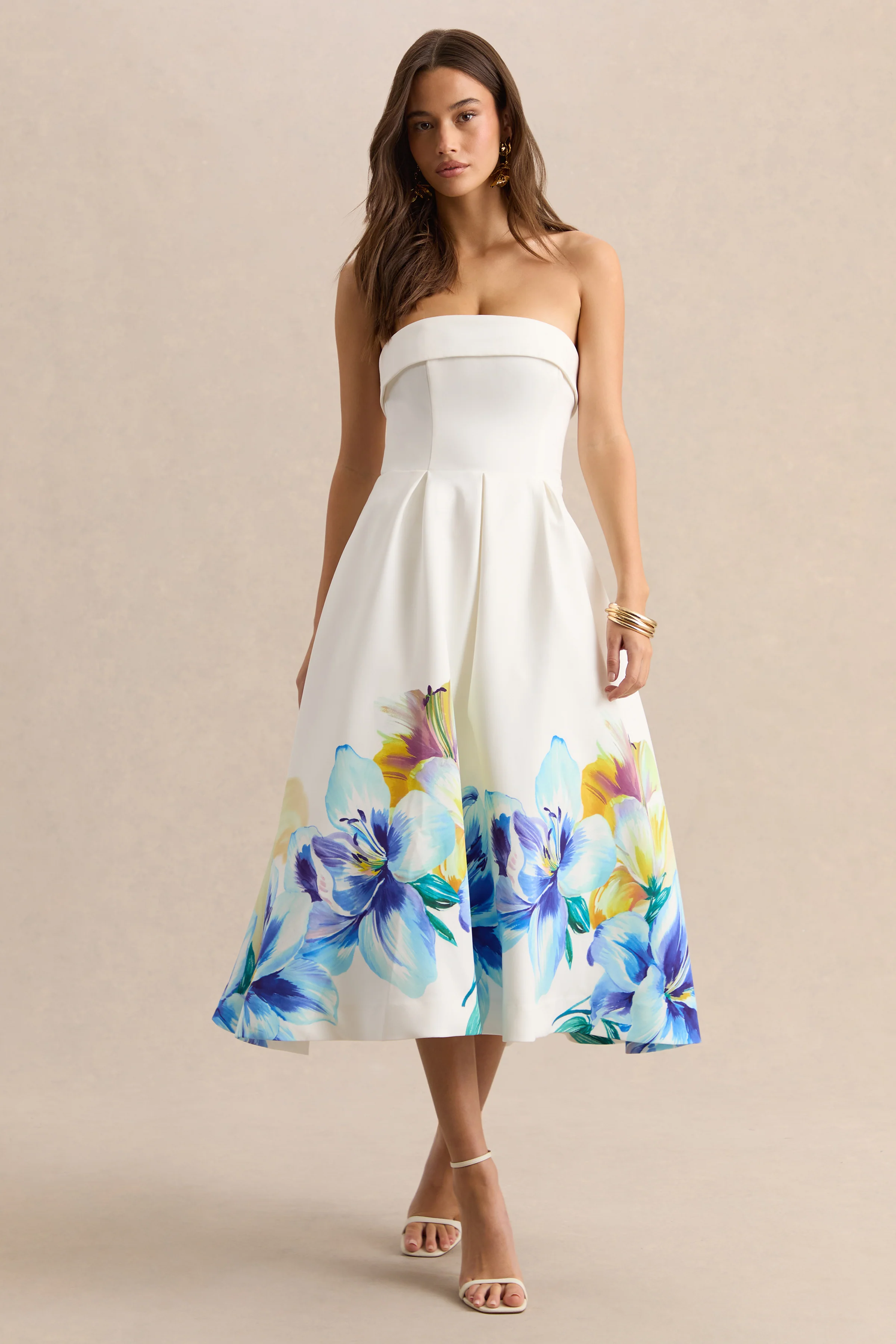 Annalise | Blauwe En Gele Bloemenborder Print Bandeau Skater Midi Jurk - Image 4