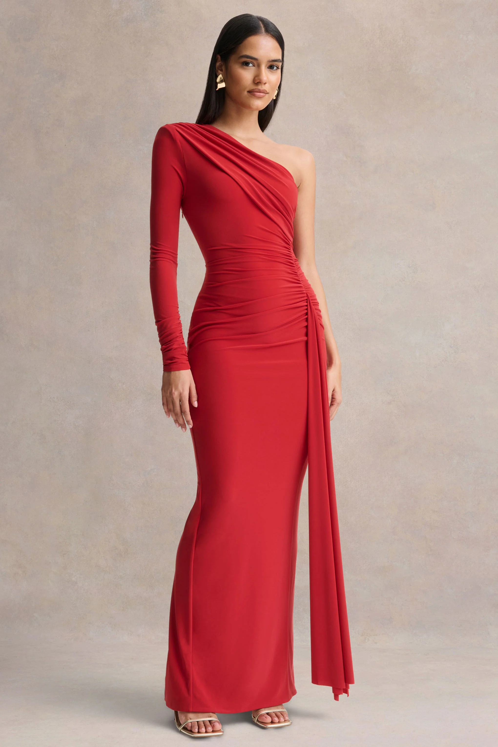 Anne | Rode Asymmetrische Hals Maxi Jurk met Overslag en Ceintuur - Image 4
