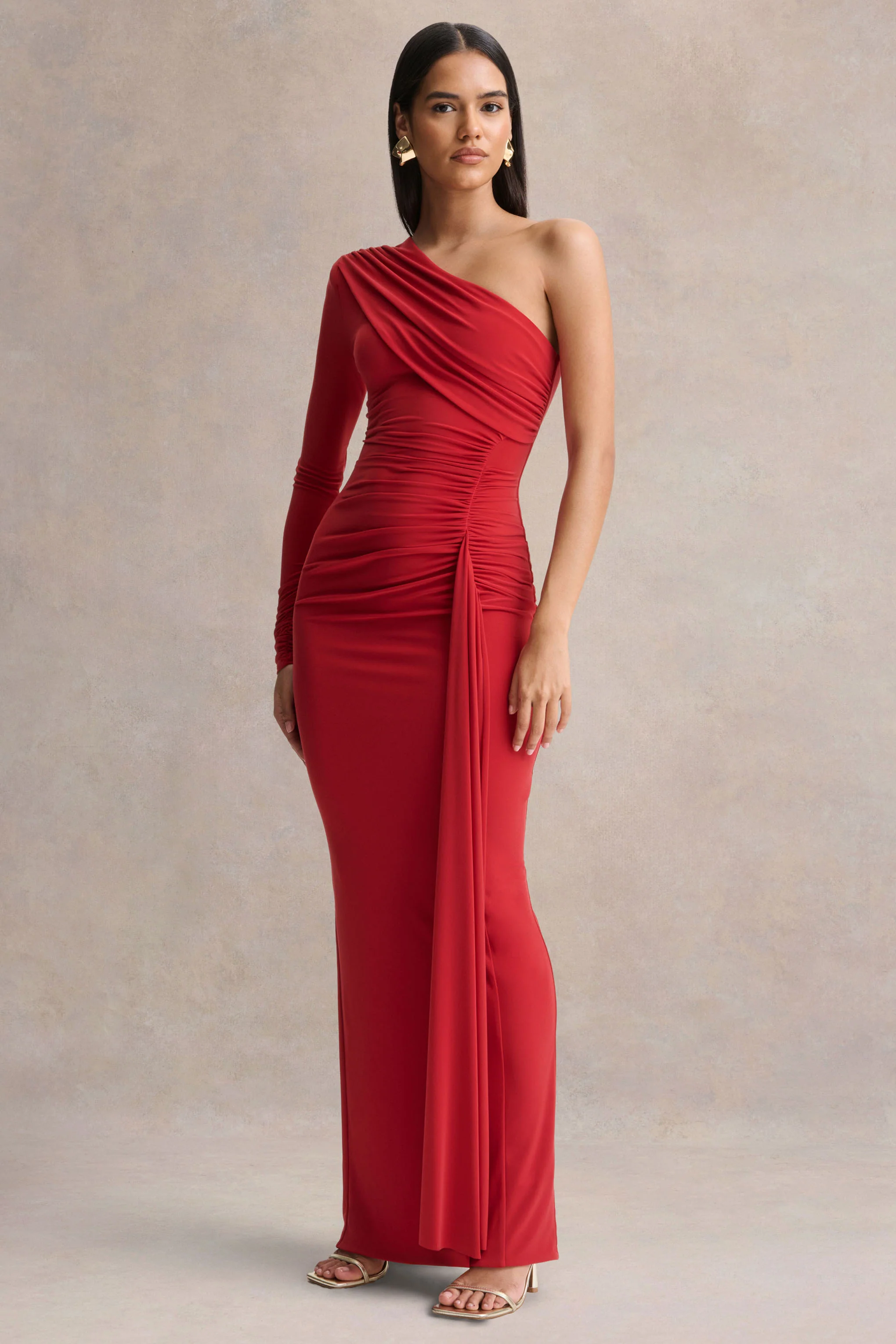 Anne | Rode Asymmetrische Hals Maxi Jurk met Overslag en Ceintuur - Image 5